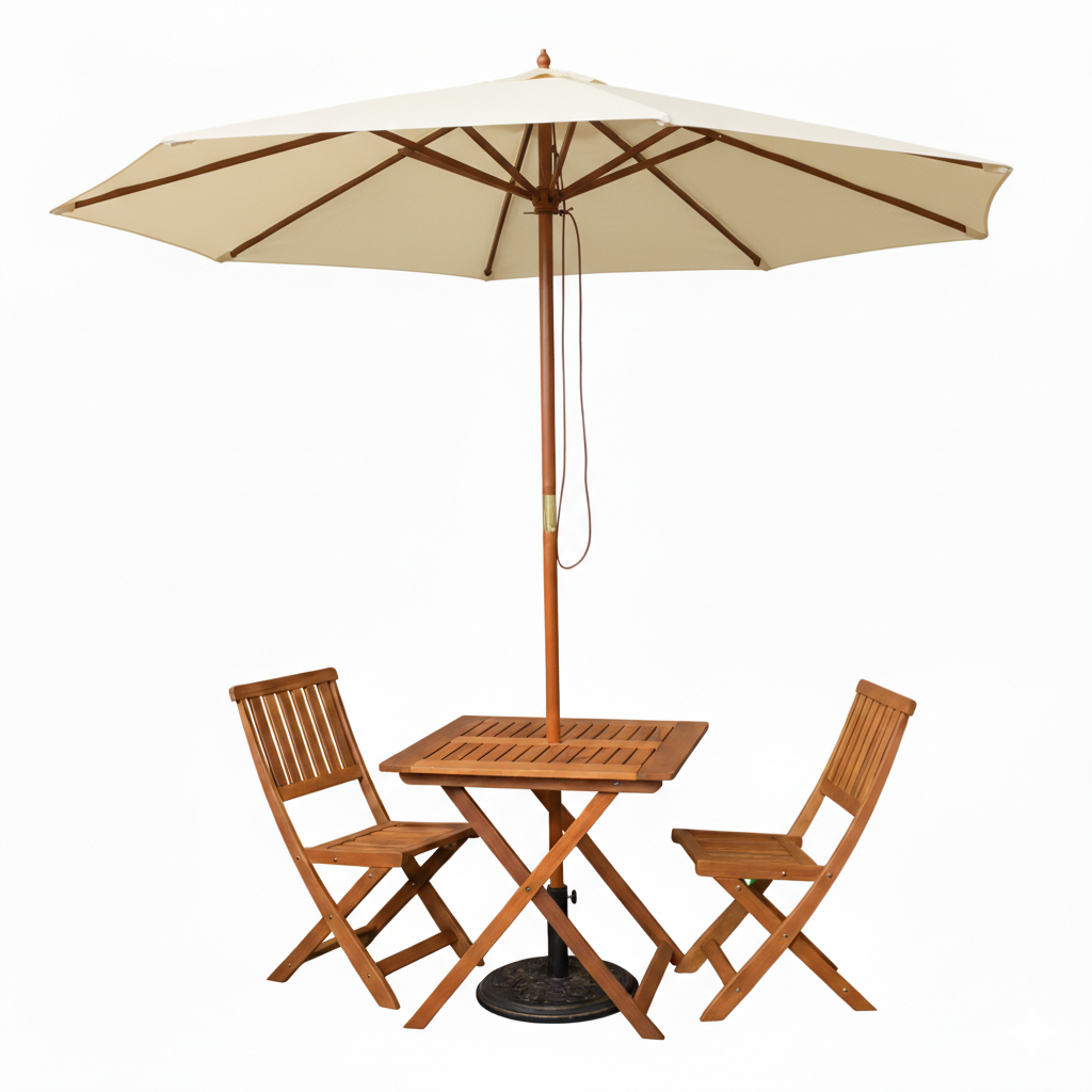 Outdoor 2 Person Folding Wooden Garden Dining Table Chairs Cream Parasol and Base Set