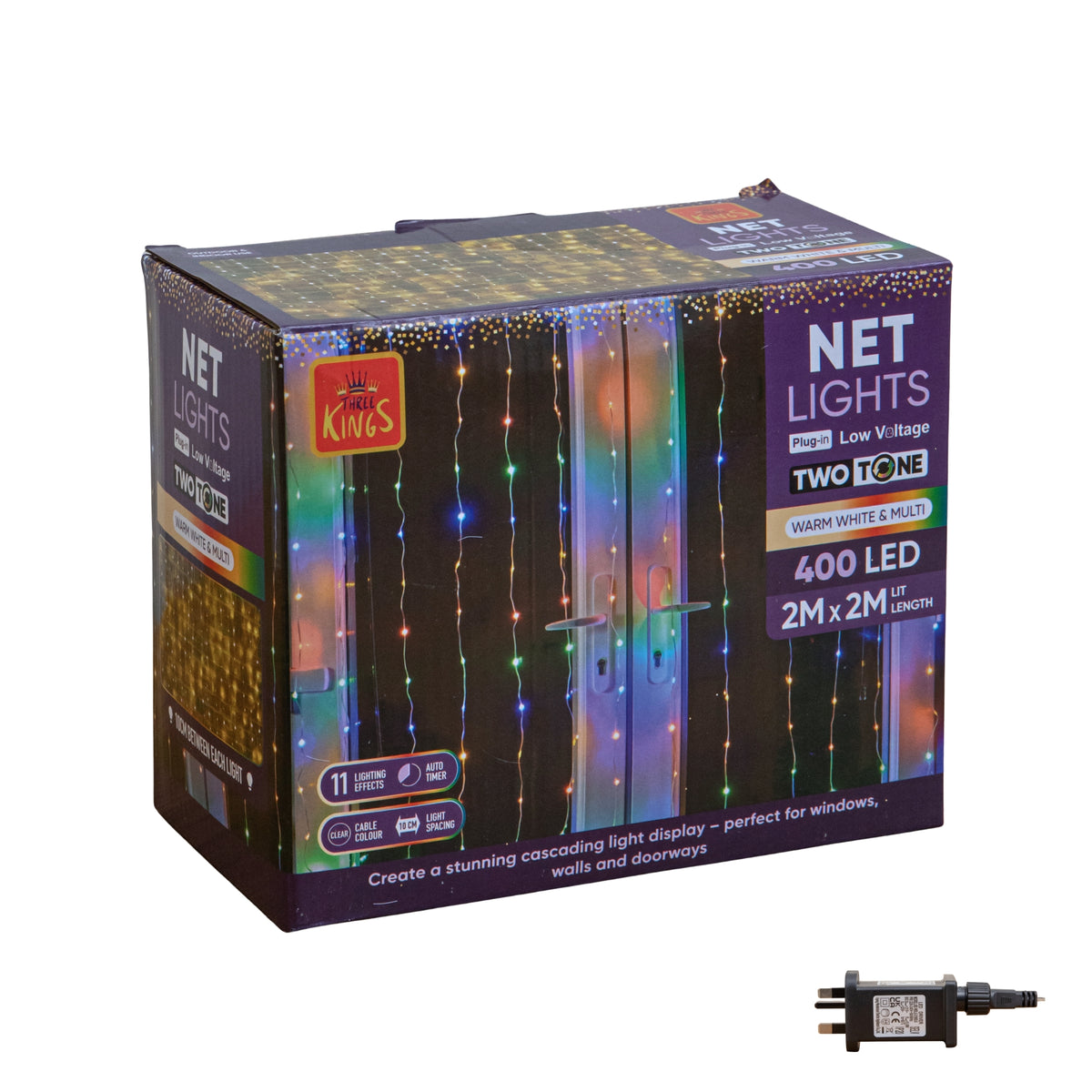 2m x 2m TwoTone Warm White & Multi-Coloured Curtain Net with 400 LEDs