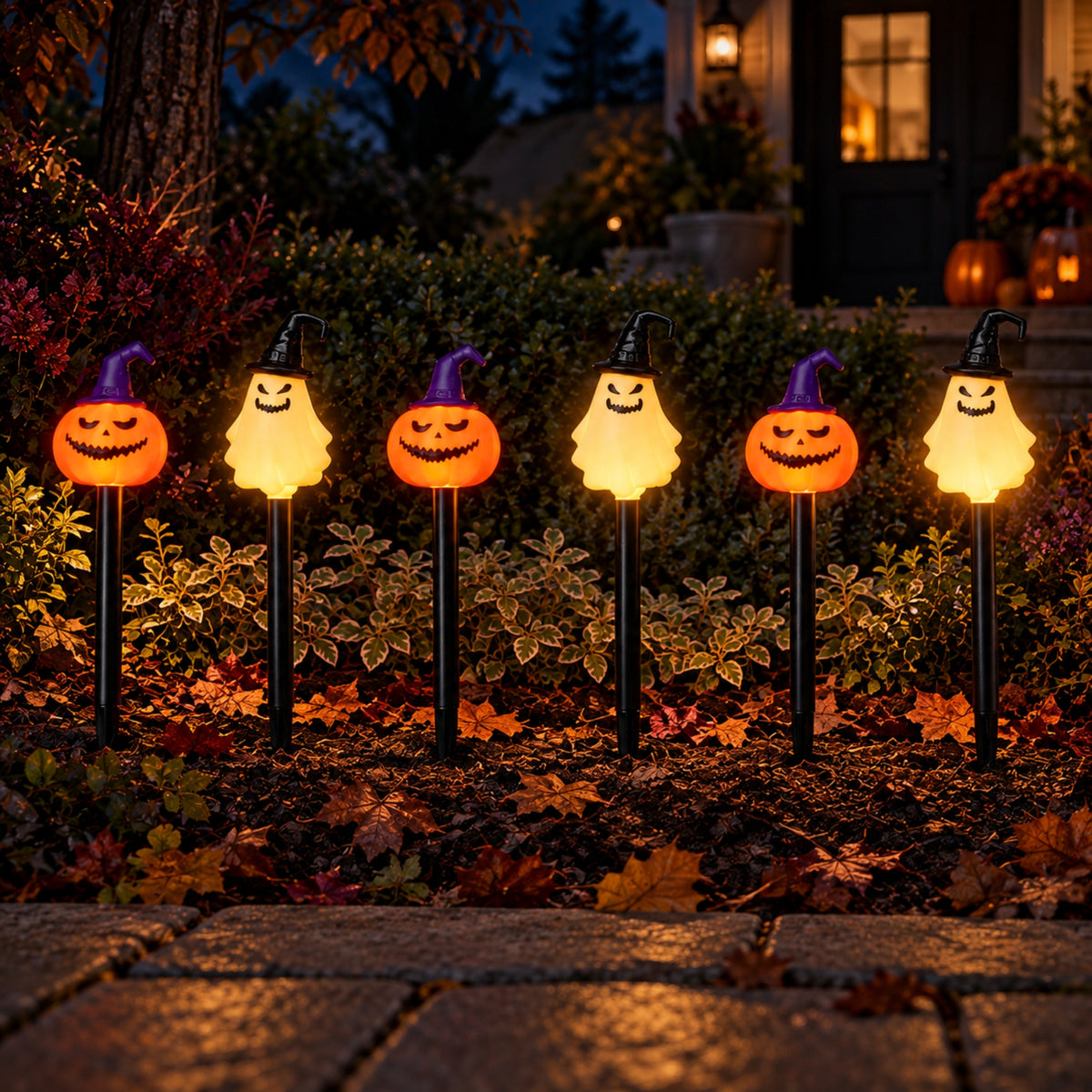 Set of 6 Halloween Light Up Pumpkin & Ghost Path Lights with Ground Stakes