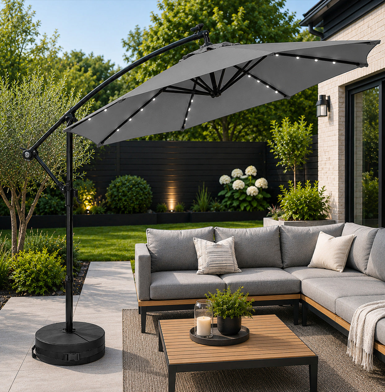 3m Solar Powered Cantilever Lit Banana Garden Parasol with Crank Handle & White LED Lights in Grey with Base Bag Included