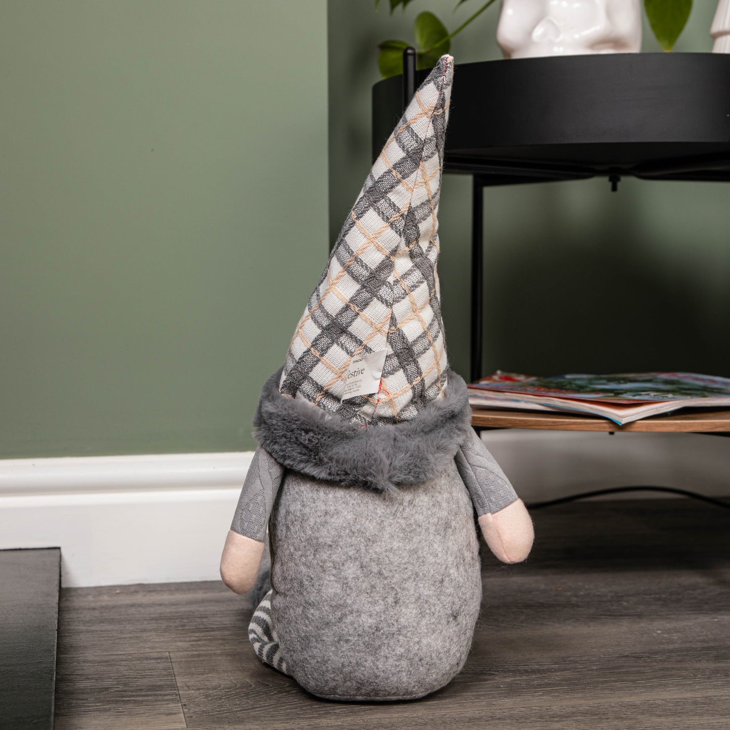 73cm Grey Sitting Christmas Gonk Decoration with Tartan Hat and Dangly Legs