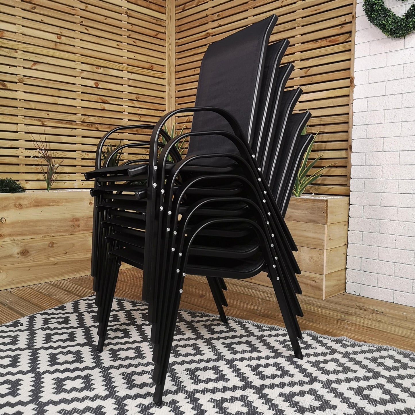 Outdoor 6 Person Rectangular Glass Top Garden Patio Dining Table Chairs With Beige Parasol and Base Set