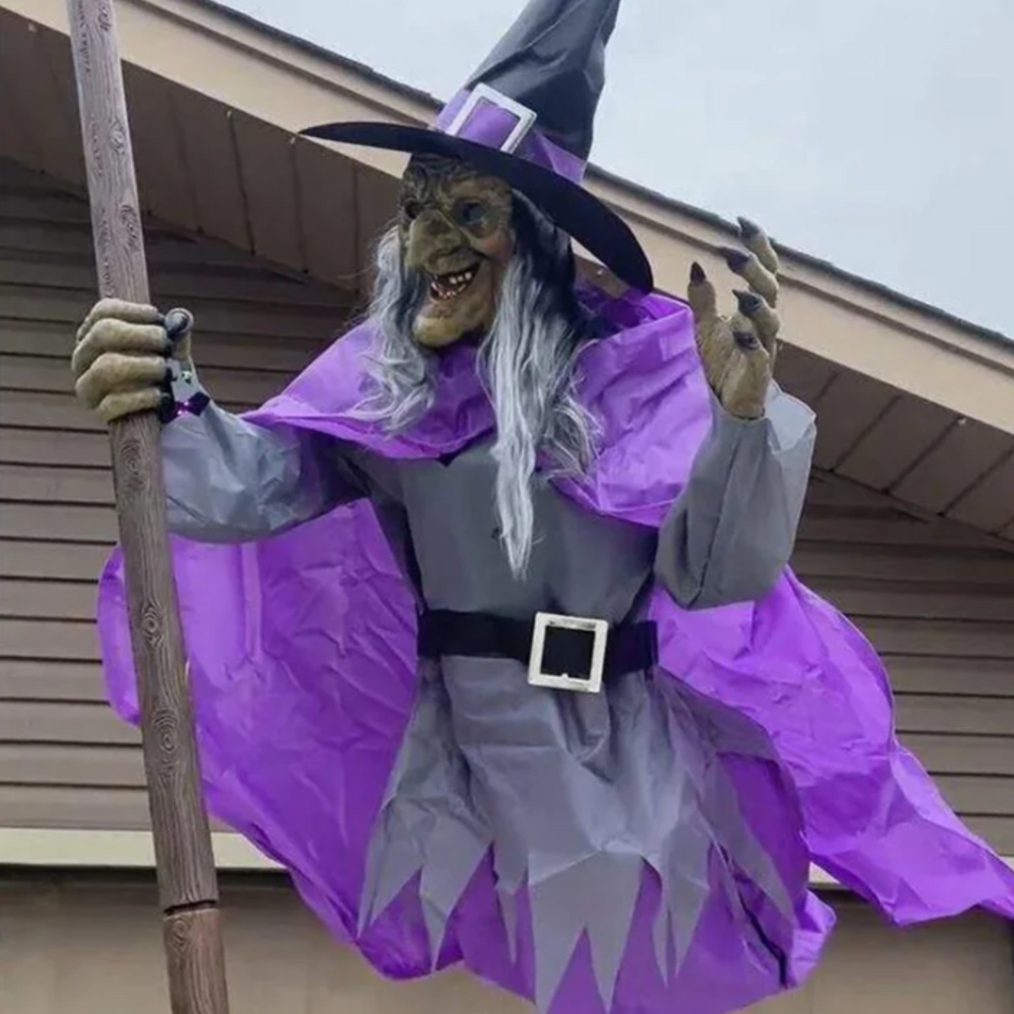 Home Accents Holiday 12ft Giant Animated Hovering Halloween Witch with Broomstick and LEDs