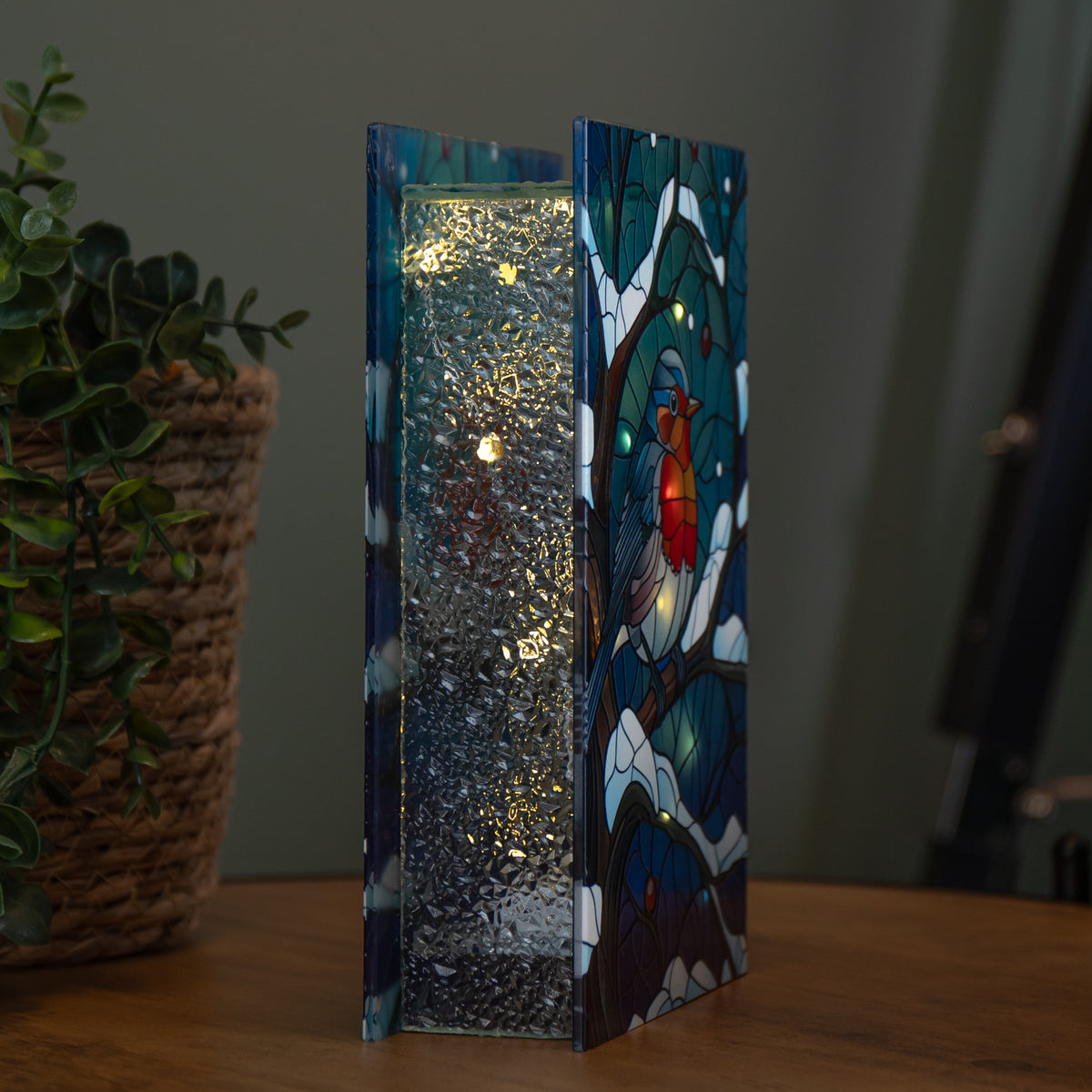 21cm Battery Operated Light up Stained Glass Christmas Decoration with Robin Scene & Warm White LEDs