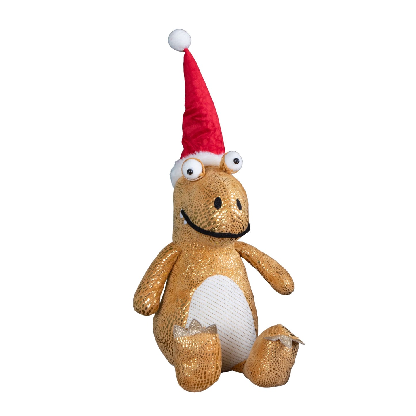 60cm Tall Gold Plush Zilla Dino Standing Christmas Decoration with Santa Hat