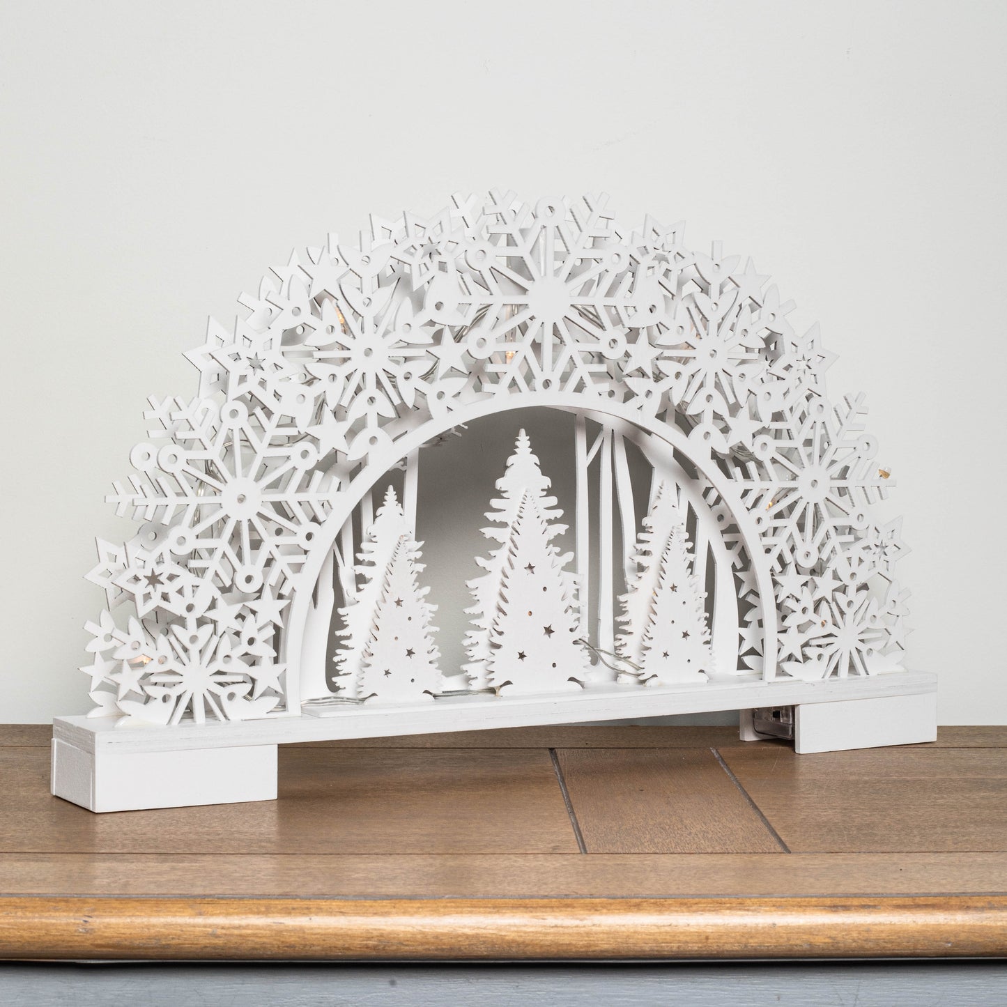45cm Battery Operated White Wooden Snowflake Arch & Christmas Trees with 10 Warm White LEDs