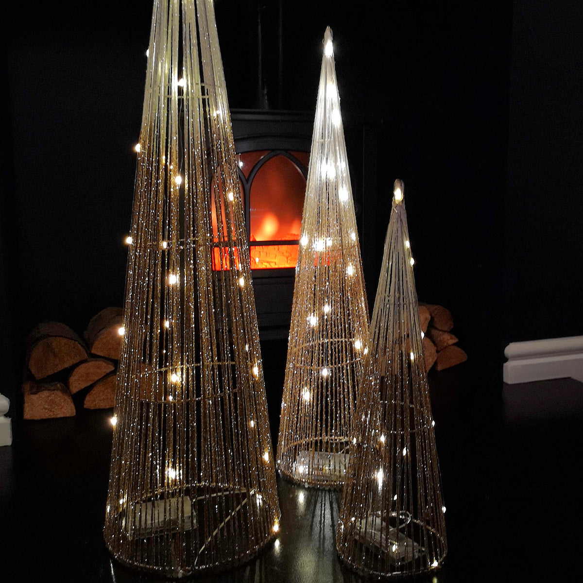 LED Tree Cone Obelisk Trio with 90 LEDs in Gold