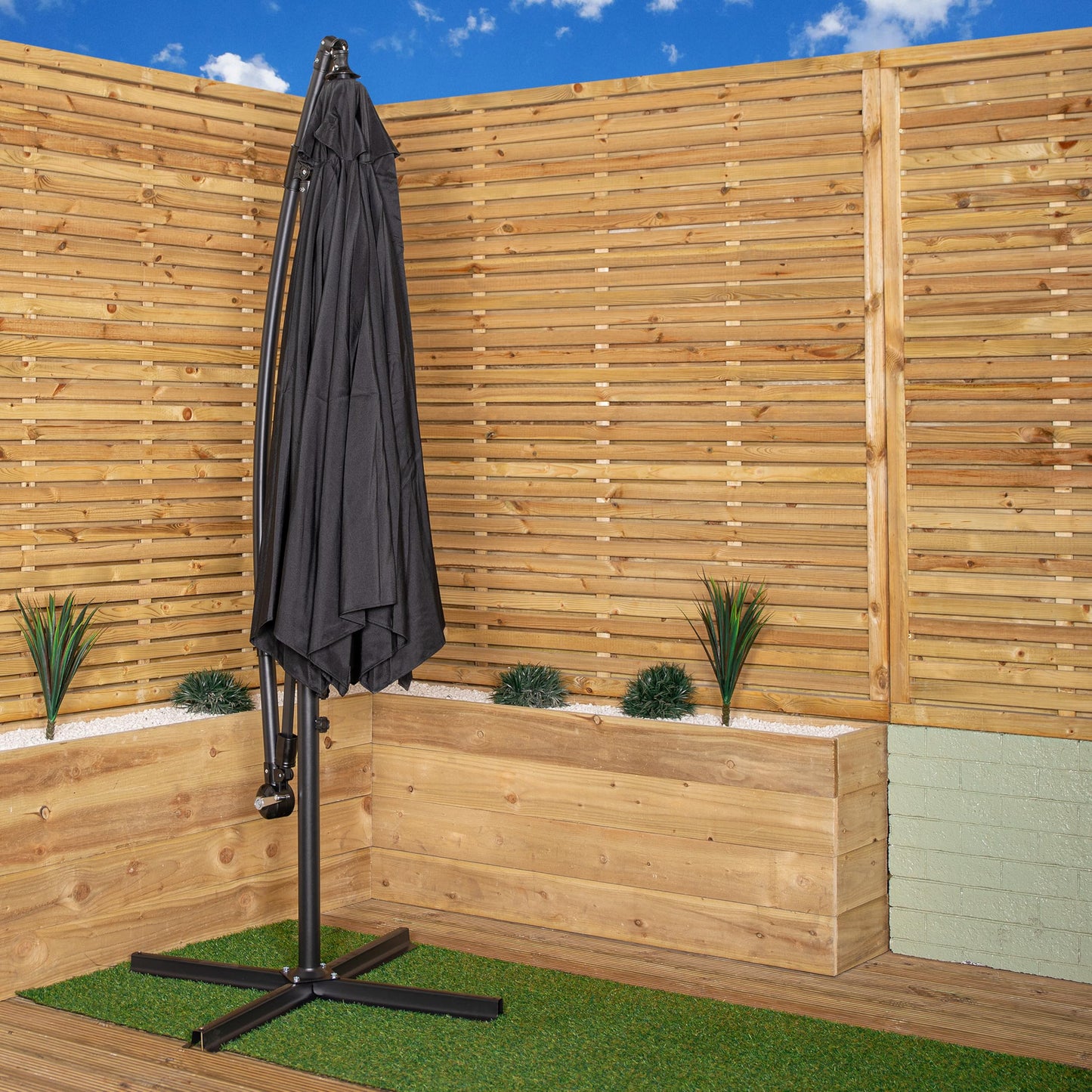 Factory Seconds 3m Cantilever Parasol in Black with Crank Handle for Patio Garden Banana Parasol with UV Protection Outdoor Umbrella Sun Shades for Garden