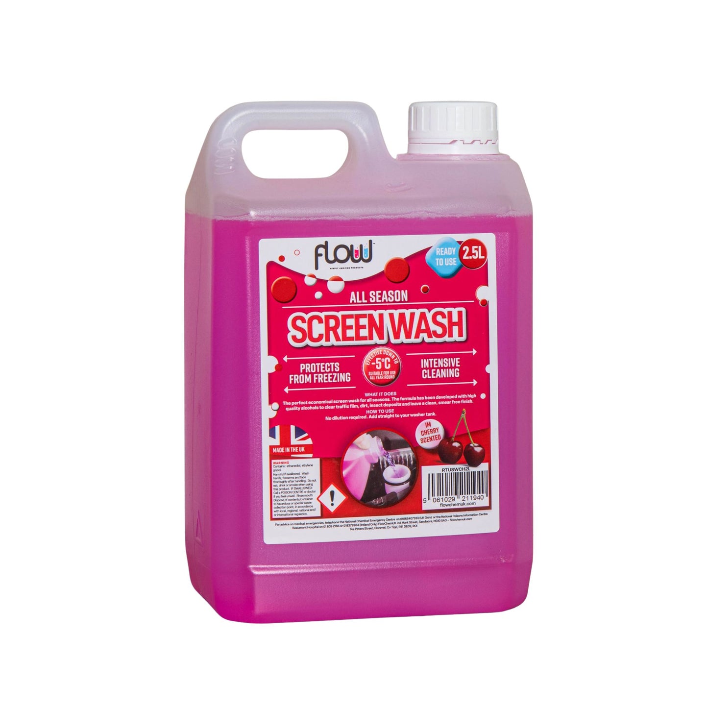 2.5L Cherry Scented Smear Free Windscreen Washer Fluid For All Vehicles