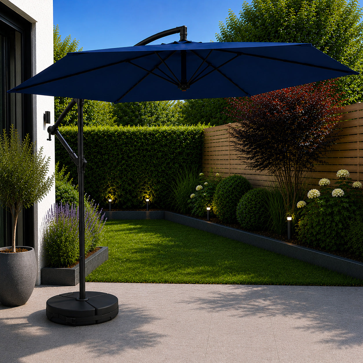 3m Cantilever Banana Garden Parasol with Crank Handle in Blue with Base Bag Included