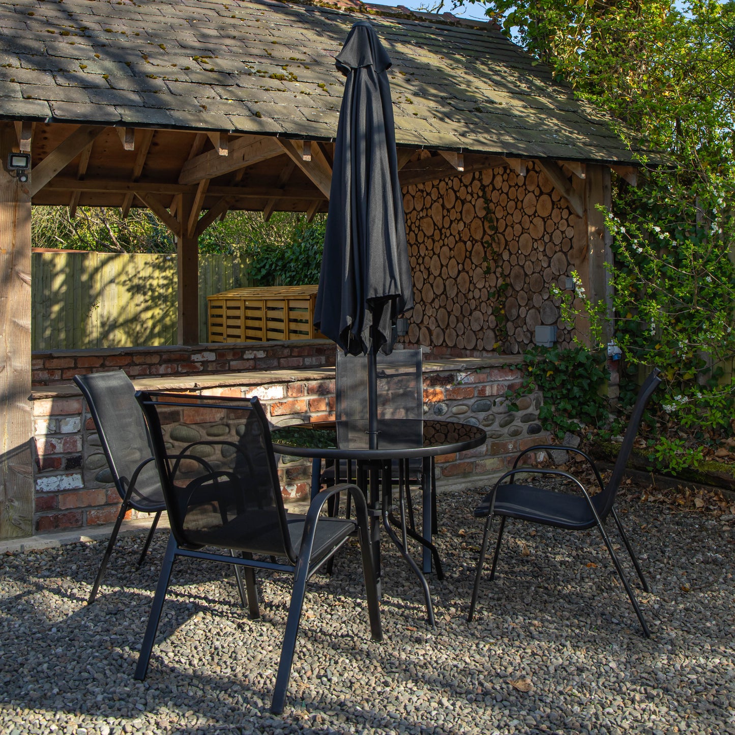 Outdoor 4 Person Round Glass Top Garden Dining Table Chairs With Black Parasol and Base Set