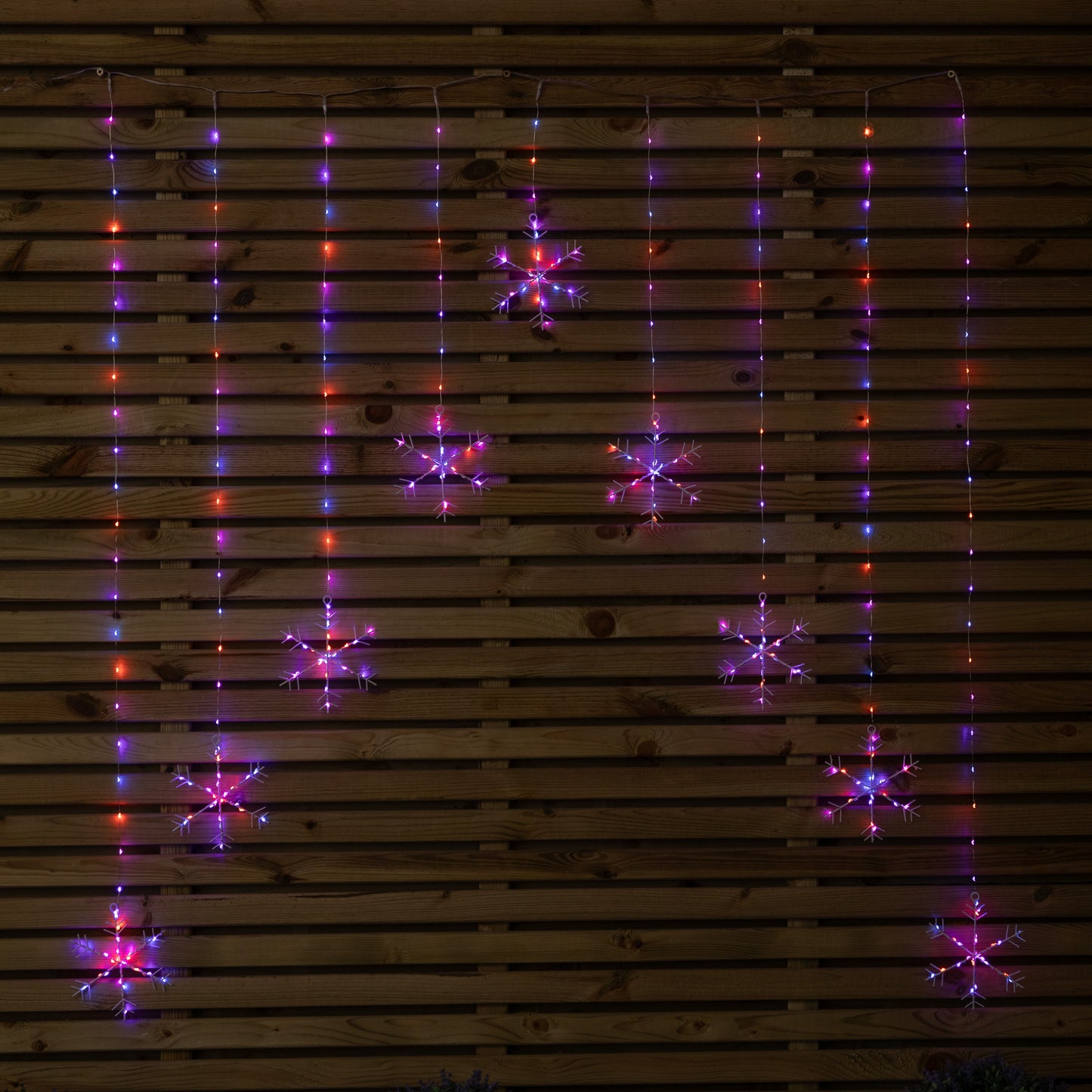 1.2m Premier Christmas Static Snowflake LED Silver Pin Wire V Curtain Lights in Rainbow