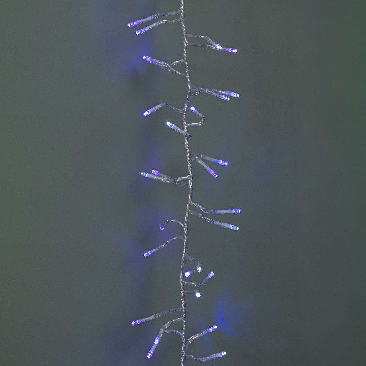 12.4m 960 LED Christmas Cluster Multi-Action String Lights with Timer in Blue, Purple & White on Clear Cable