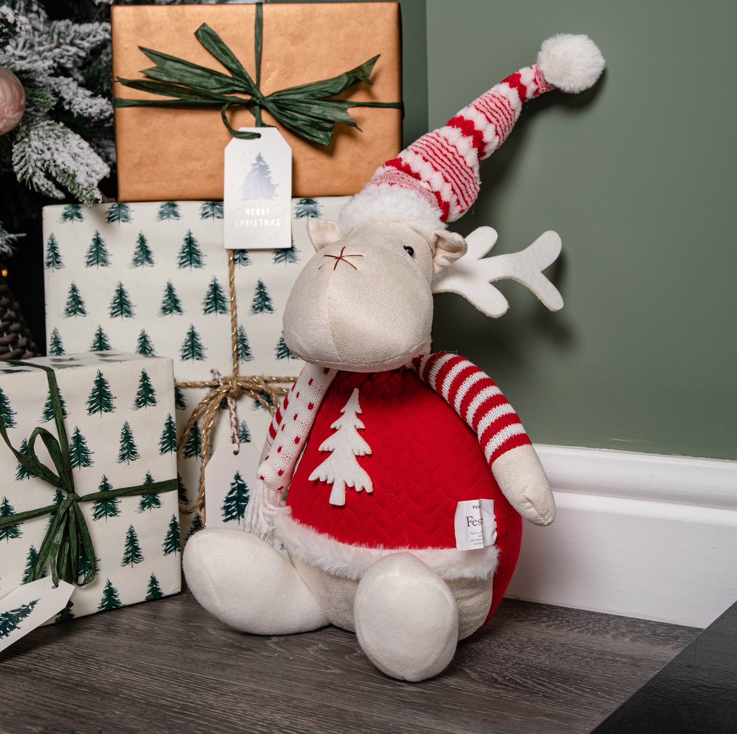 40cm Battery Operated Light up Sitting Christmas Reindeer in Red & White Jumper