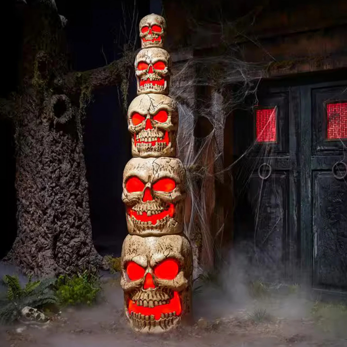 Home Accents Holiday 8ft Giant-Sized Halloween Skull Stack with Red LEDs