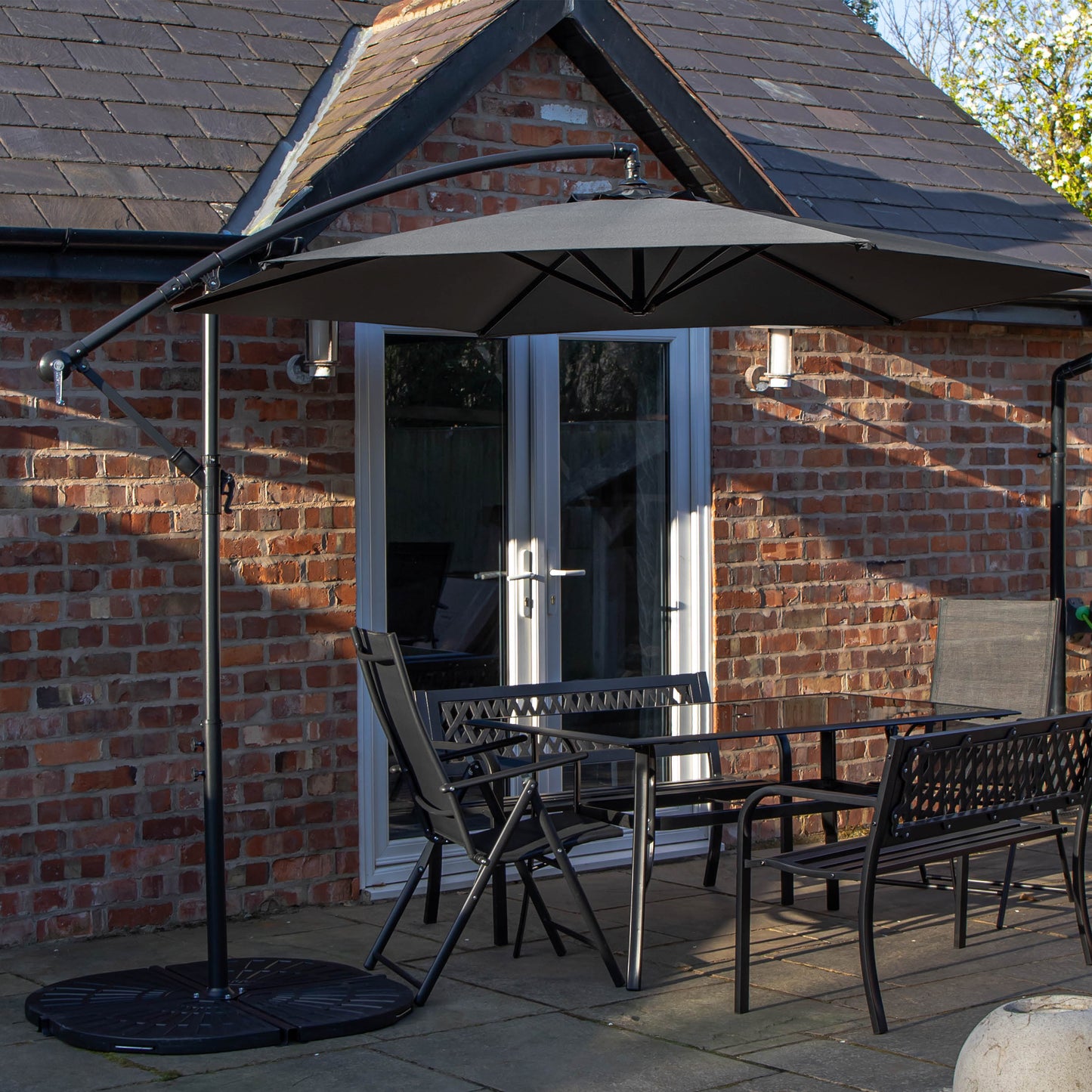 Outdoor 6 Person Rectangular Glass Top Garden Dining Table Benches & Chairs With Grey Banana Parasol and Base