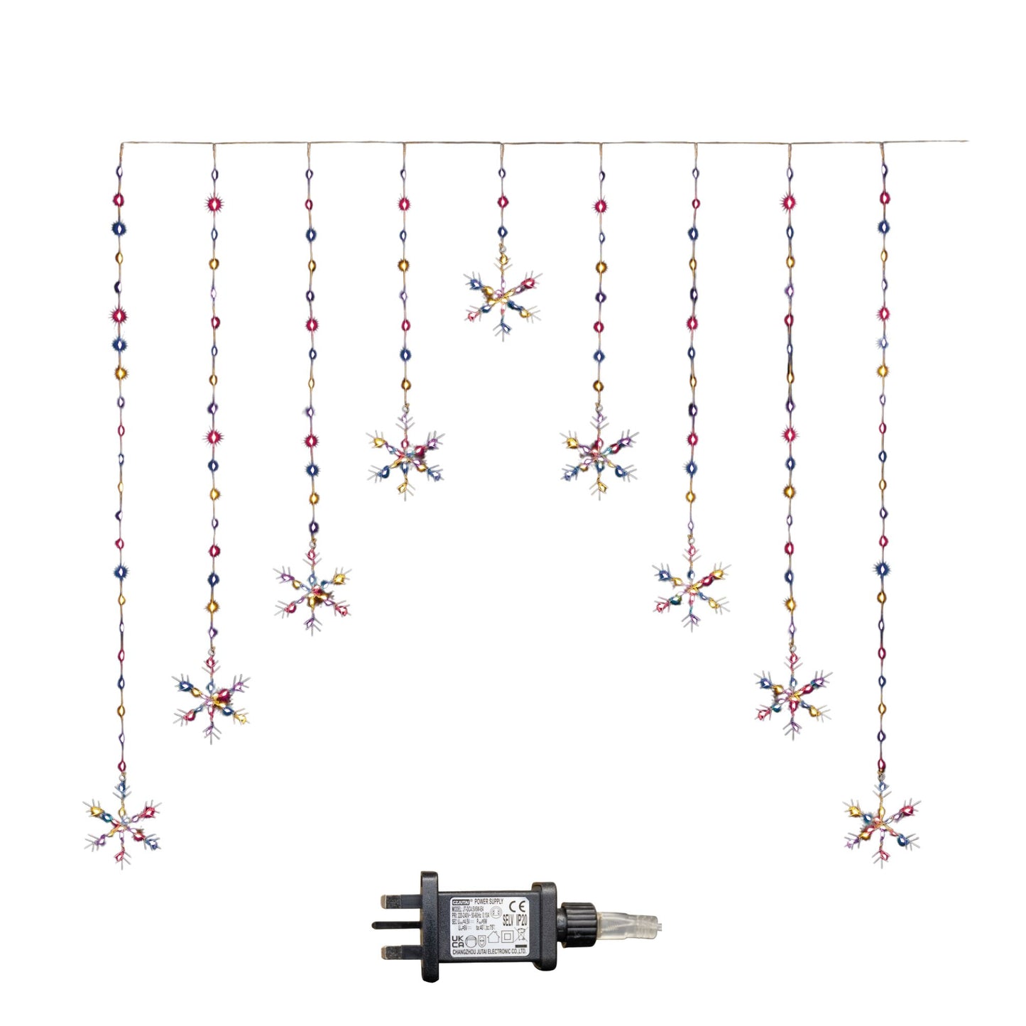1.2m Premier Christmas Static Snowflake LED Silver Pin Wire V Curtain Lights in Rainbow