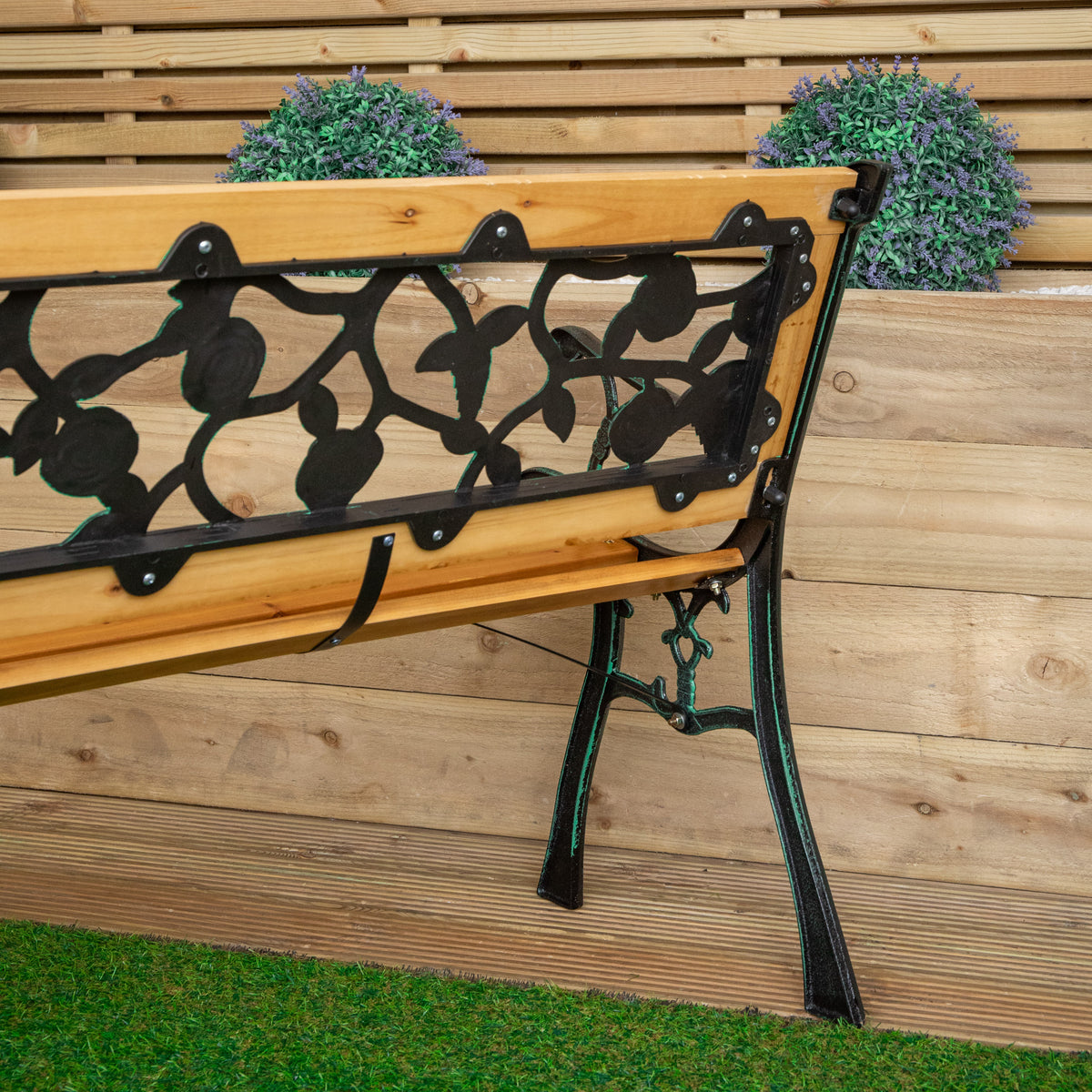 2 Seater Outdoor Wooden & Cast Iron Garden Bench with Rose Design