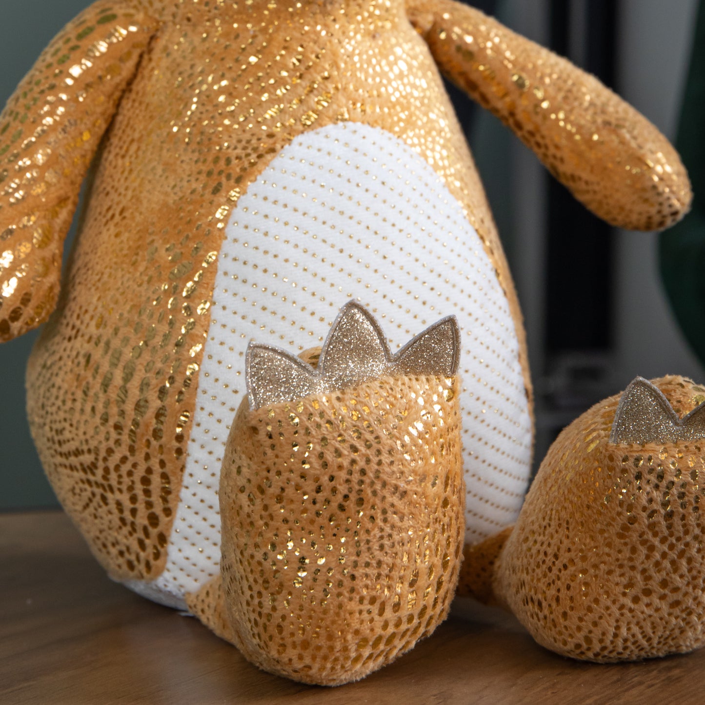 60cm Tall Gold Plush Zilla Dino Standing Christmas Decoration with Santa Hat