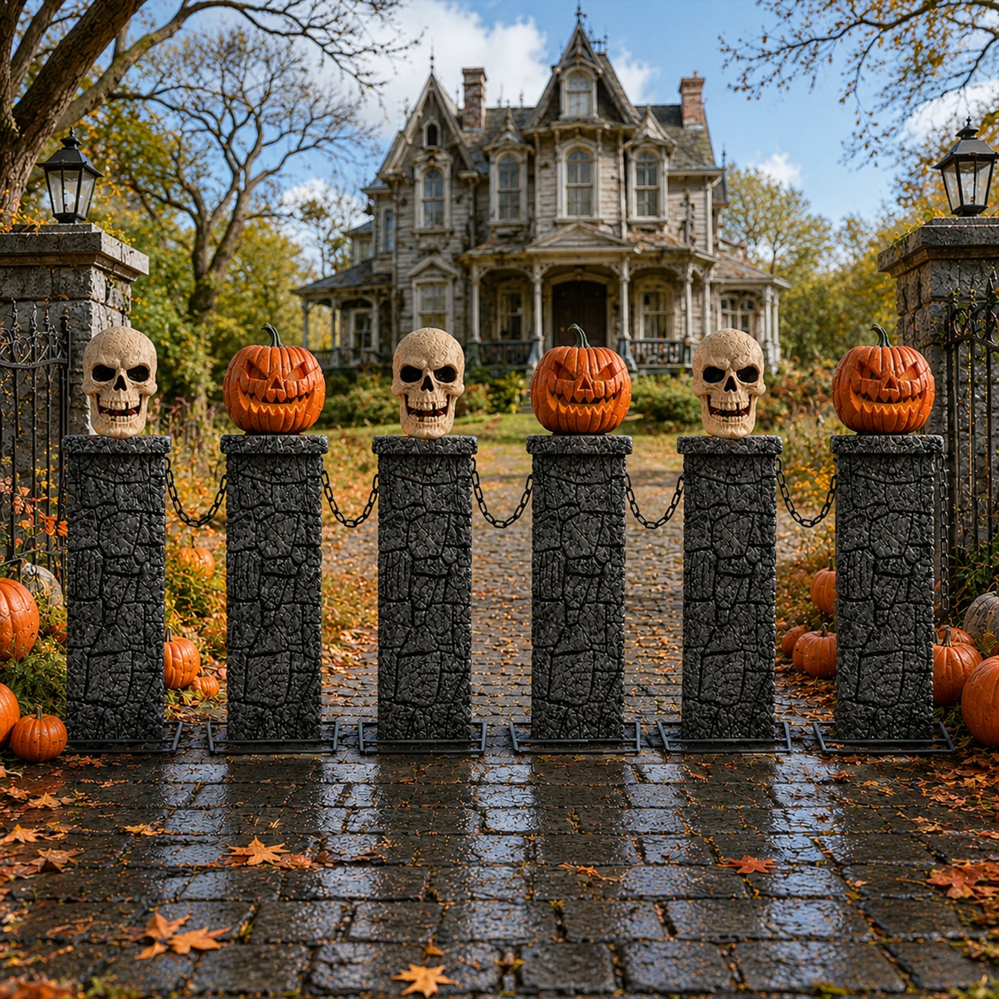 2.4m Battery Powered Light Up Halloween Skull & Pumpkin Fence with LEDs
