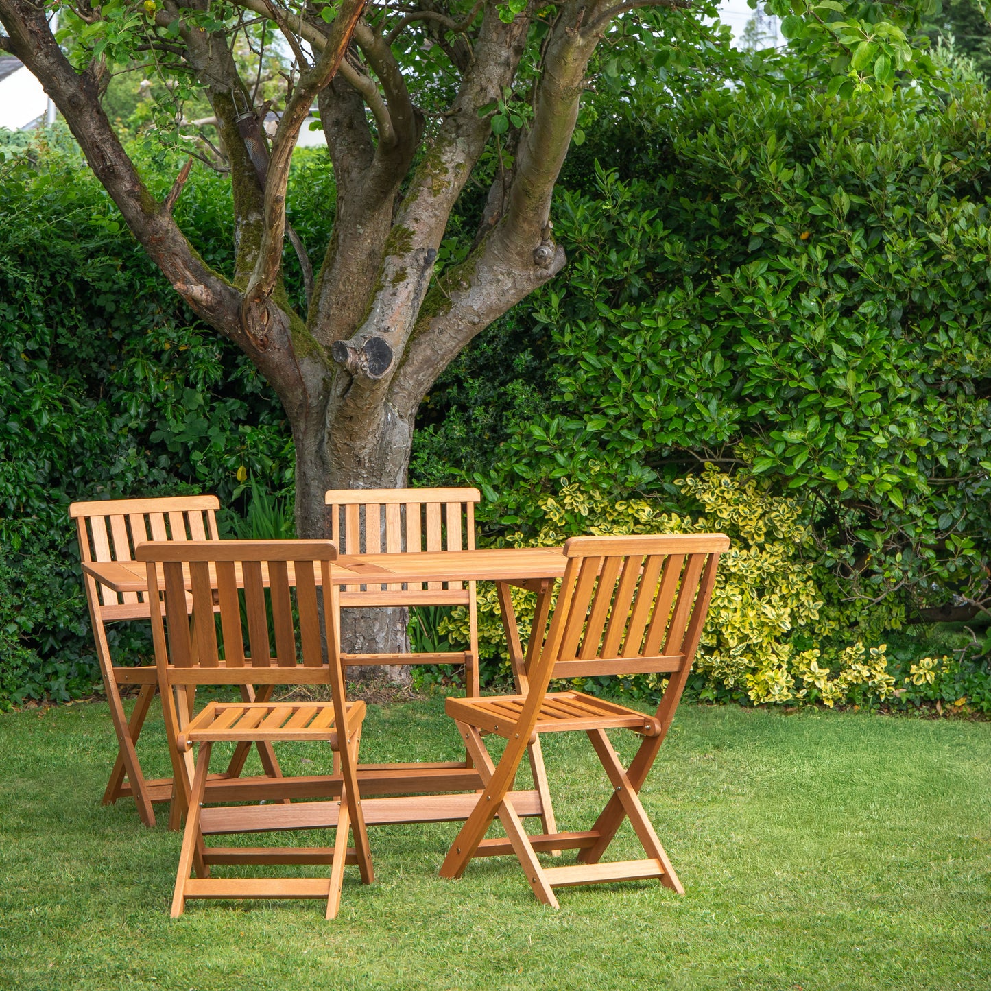Outdoor 4 Person Folding Rectangular Wooden Garden Dining Table Chairs Set