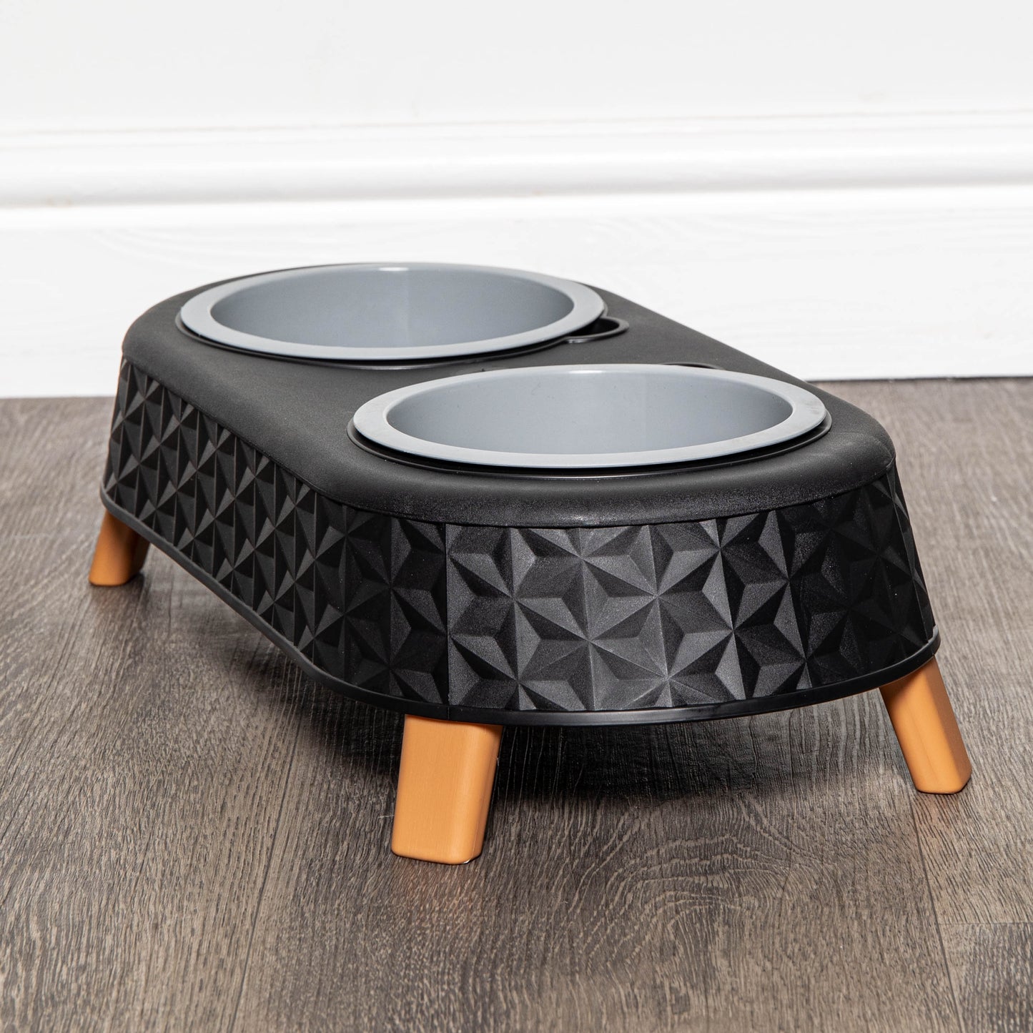 77cm x 58cm Black Plastic Raised Pet Basket with Legs and Black Plastic Double Pet Bowl Feeder with Stand Set
