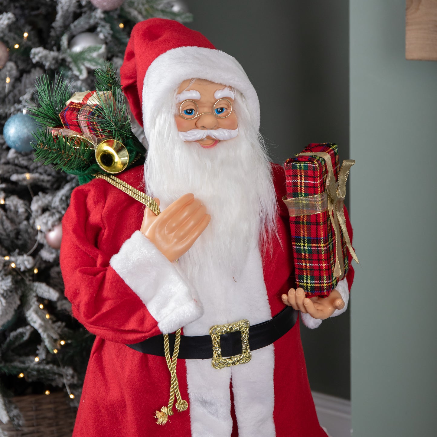 1.1m Red Standing Santa Claus Indoor Decoration with Present and Green Sack
