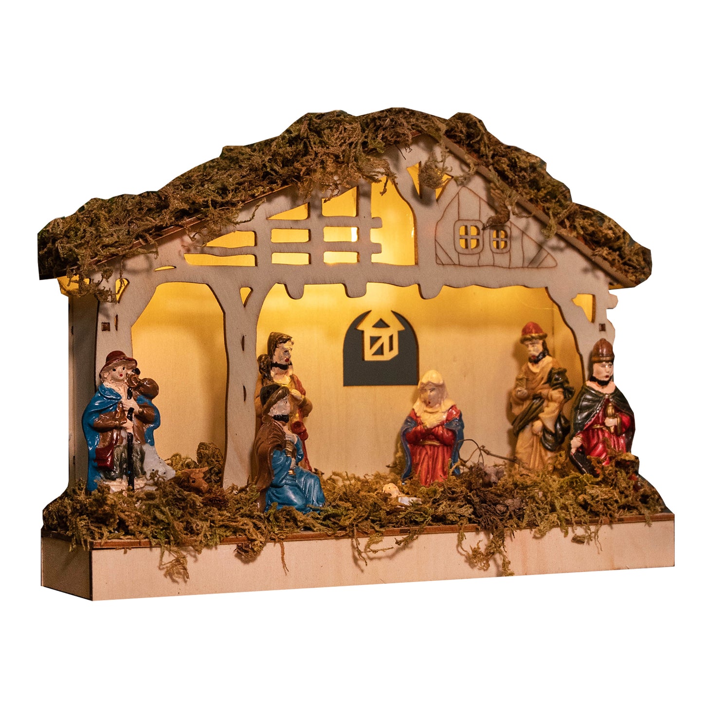 26cm Battery Operated Light up Wooden Christmas Nativity Scene with Warm White LEDs