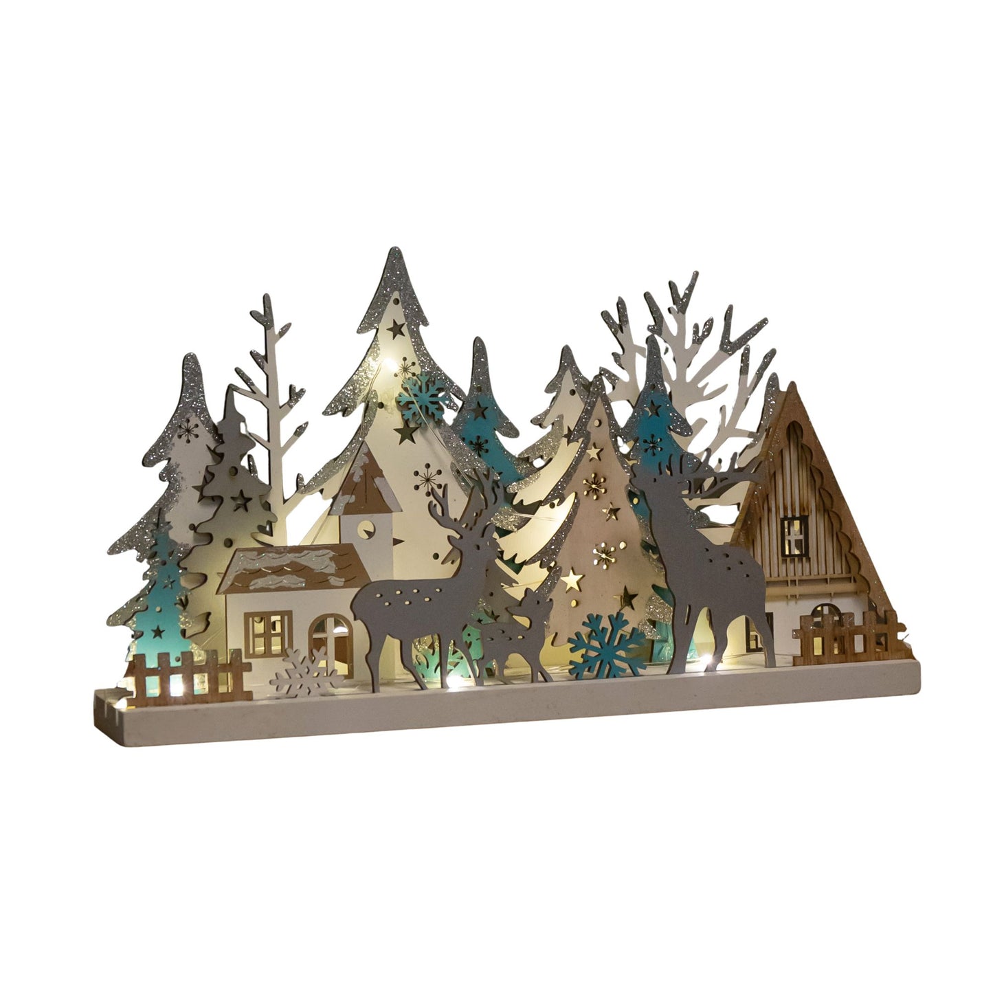 18cm Battery Operated Light up Christmas Reindeer Wooden Scene with Warm White LEDs