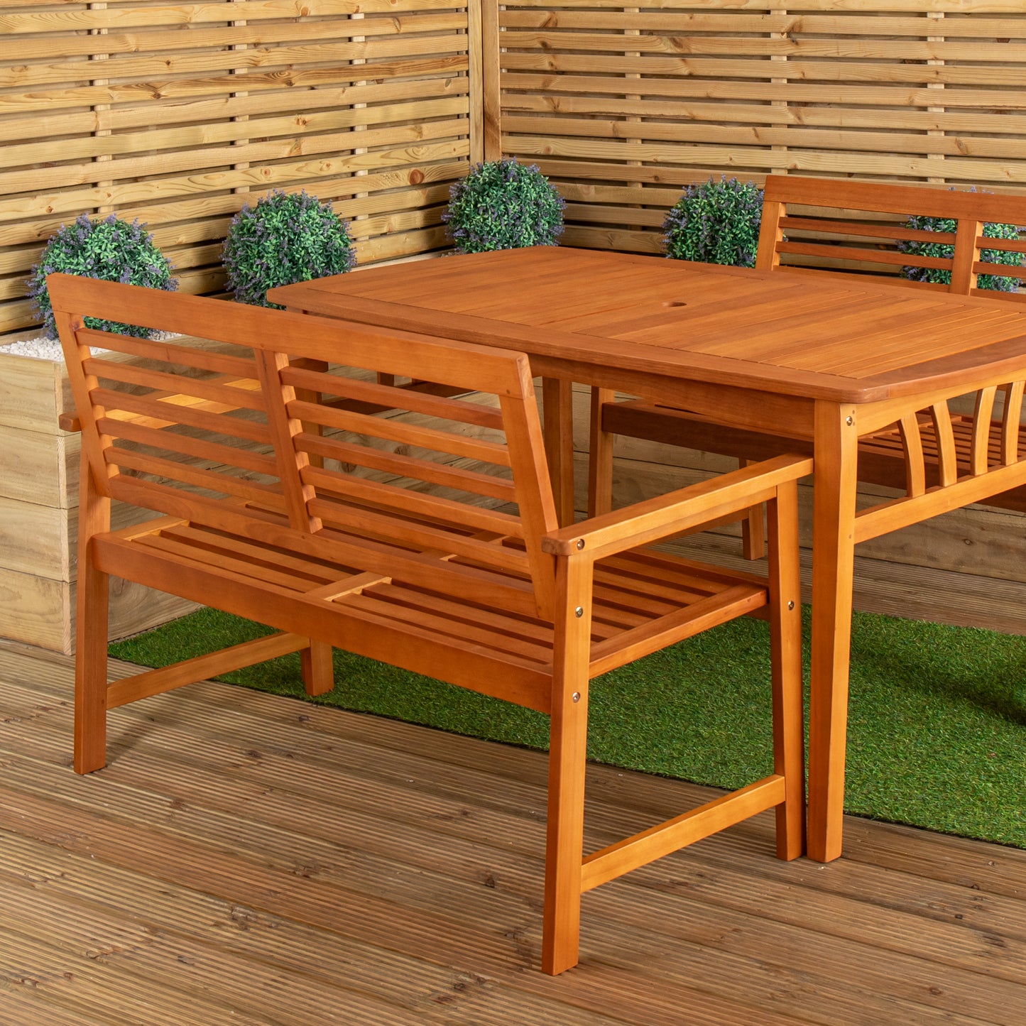Outdoor 4 Person Rectangular Wooden Garden Table, 2 Benches Furniture Set