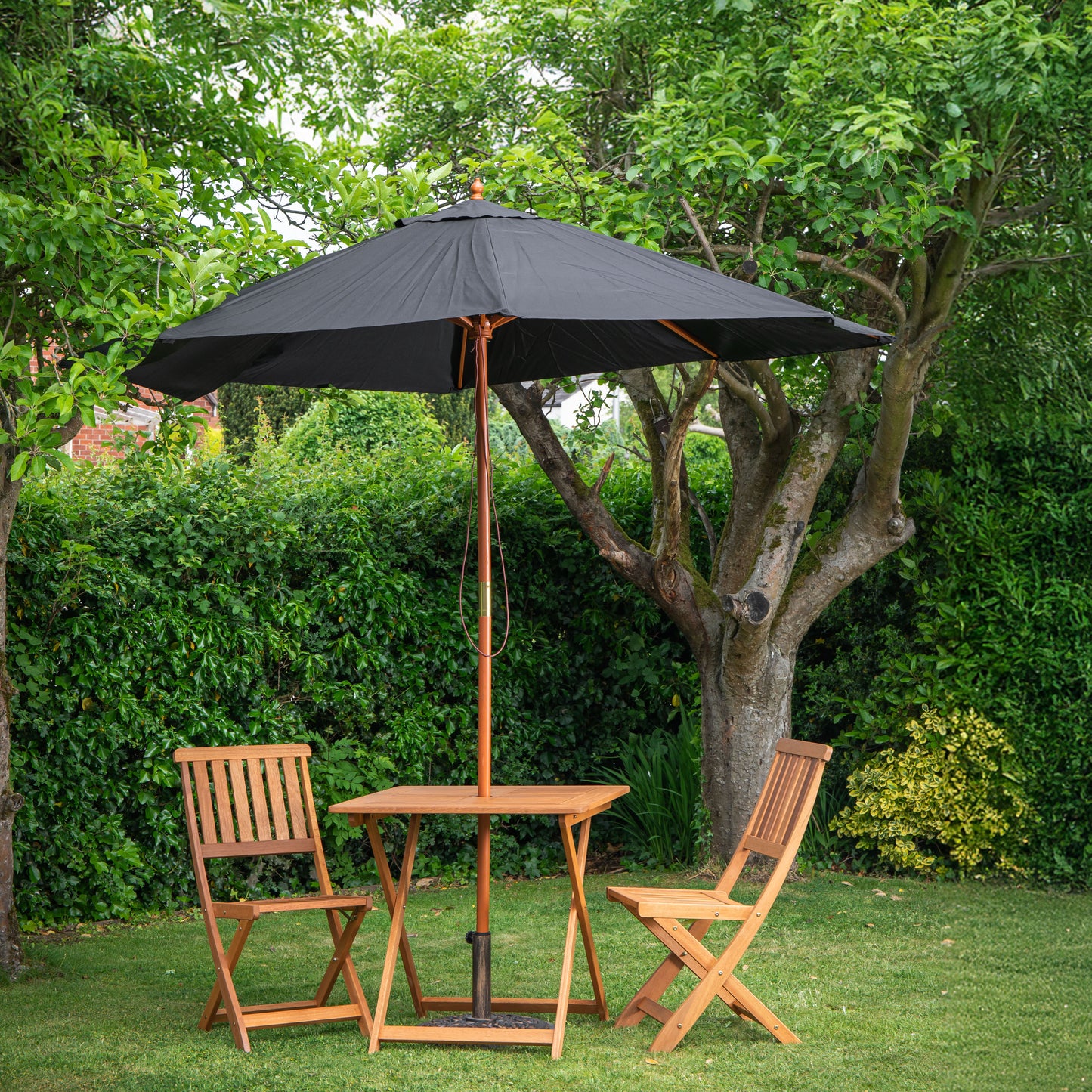 Outdoor 2 Person Folding Square Wooden Garden Dining Table Chairs Black Parasol and Base Set