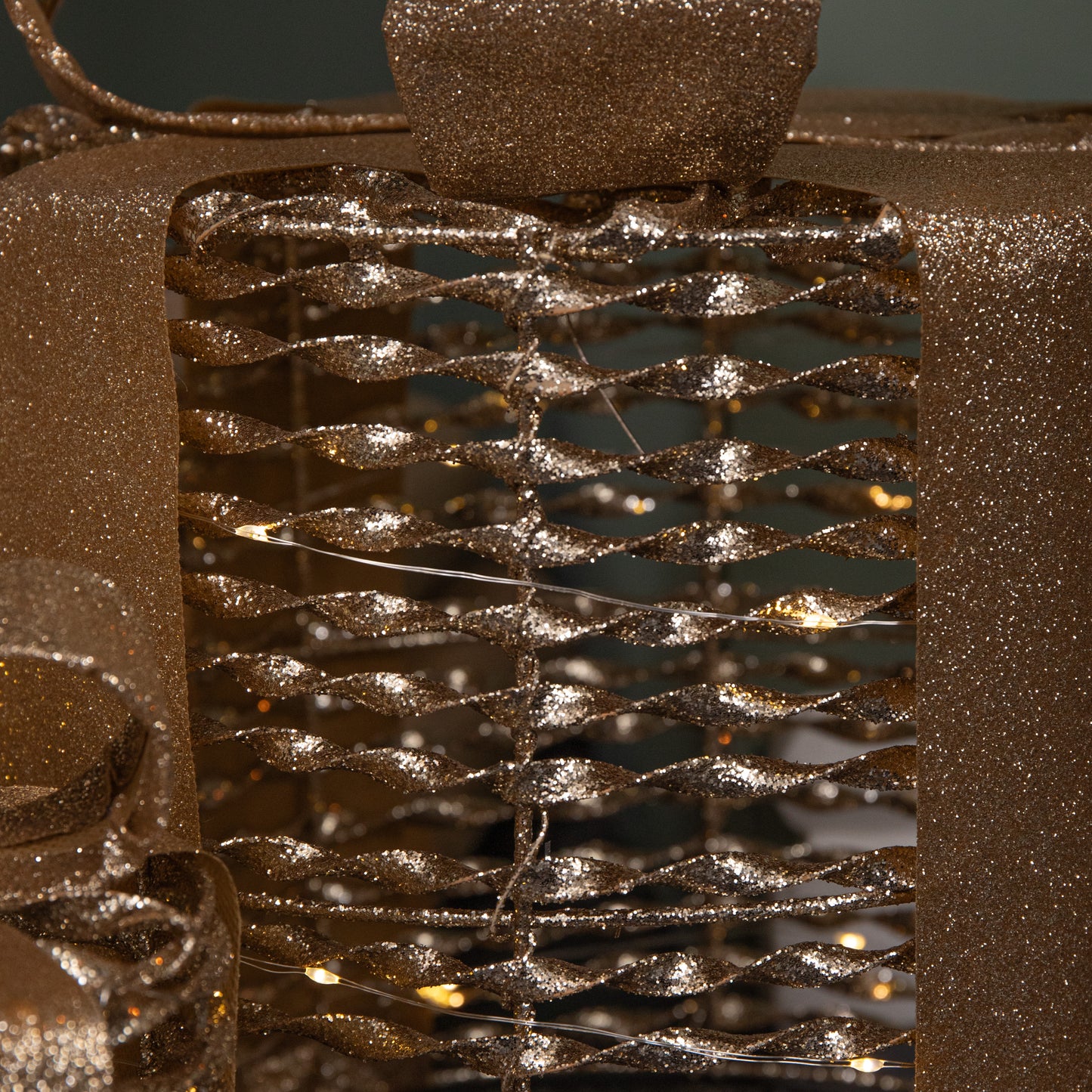 Set of 3 Battery Operated Gold Christmas Glitter Twist Gift Boxes with Warm White LEDs