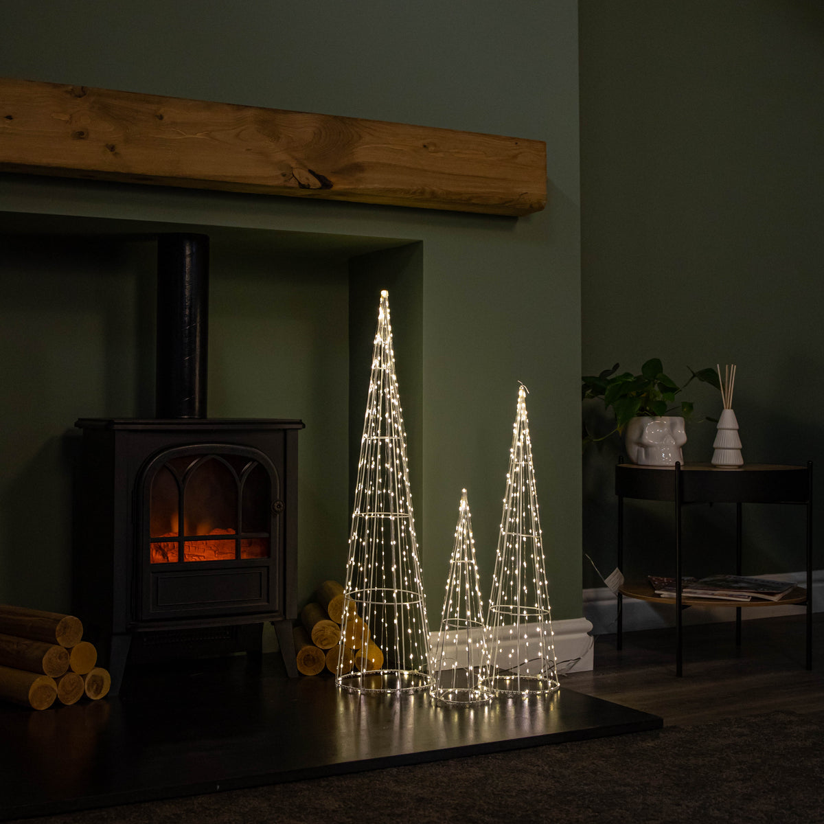 Set of 3 Light up White Metal Dewdrop Christmas Cone Trees with Warm White LEDs