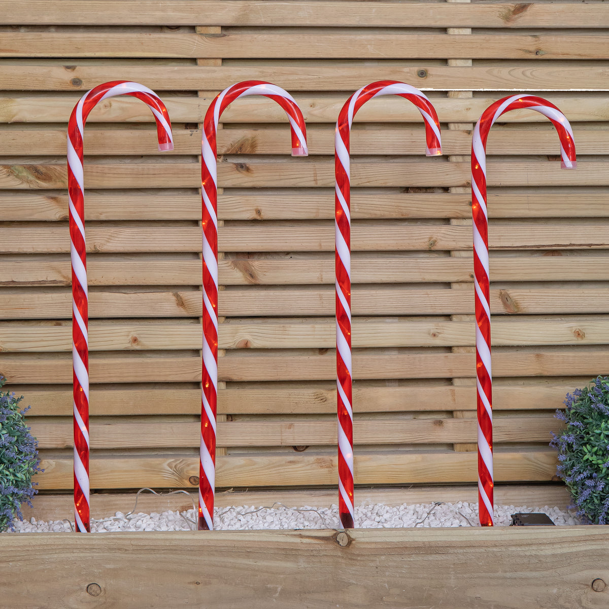 Set of 4 XL Light up Red & White Stripe Christmas Candy Cane Garden Stakes with LEDs