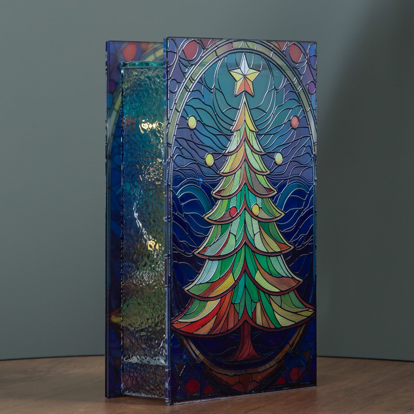 21cm Battery Operated Double Sided Stained Glass Christmas Tree Decoration with LEDs