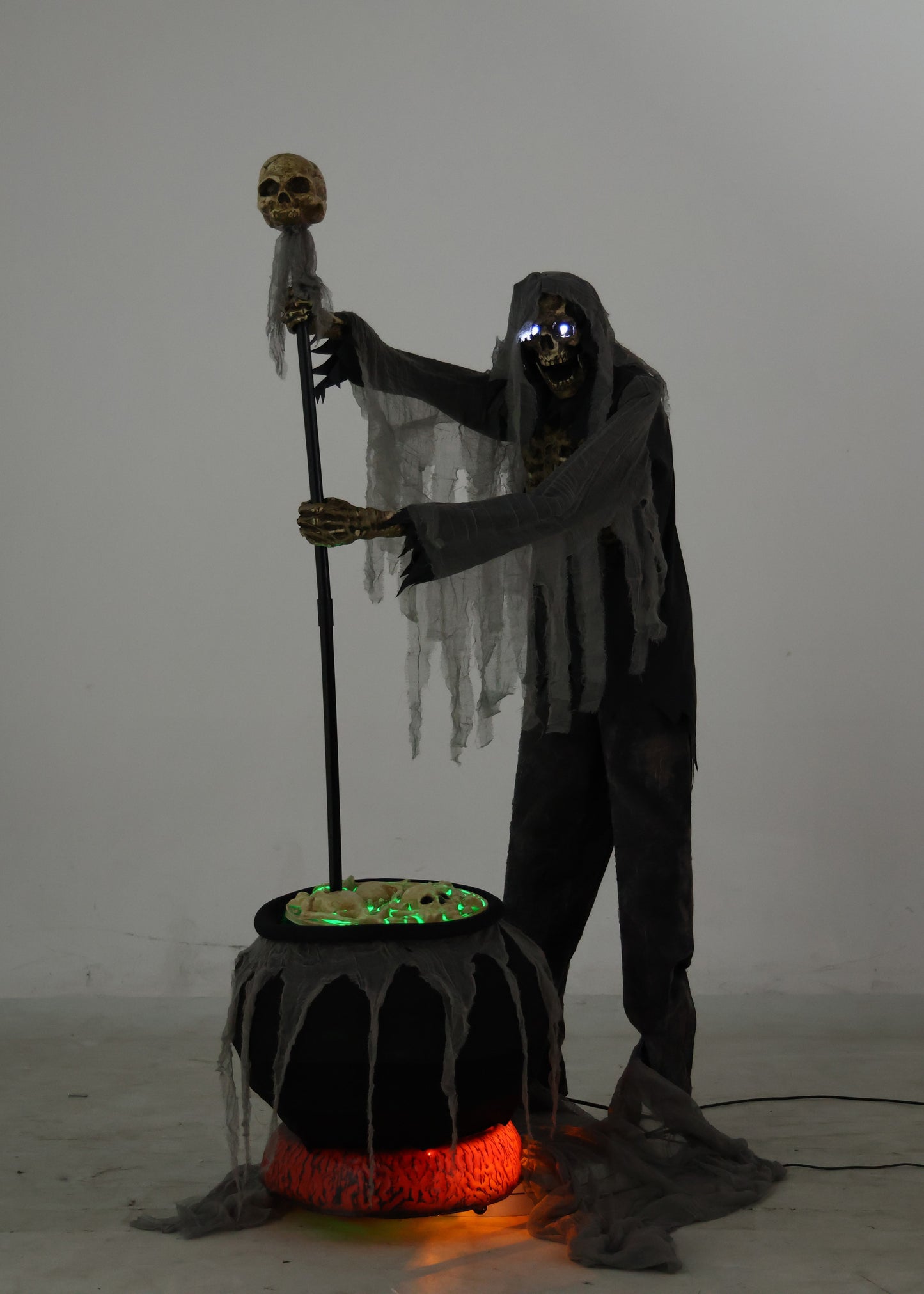 6ft Tall Animated Stirring Cauldron Creep Skeleton Halloween Decoration with LED Eyes