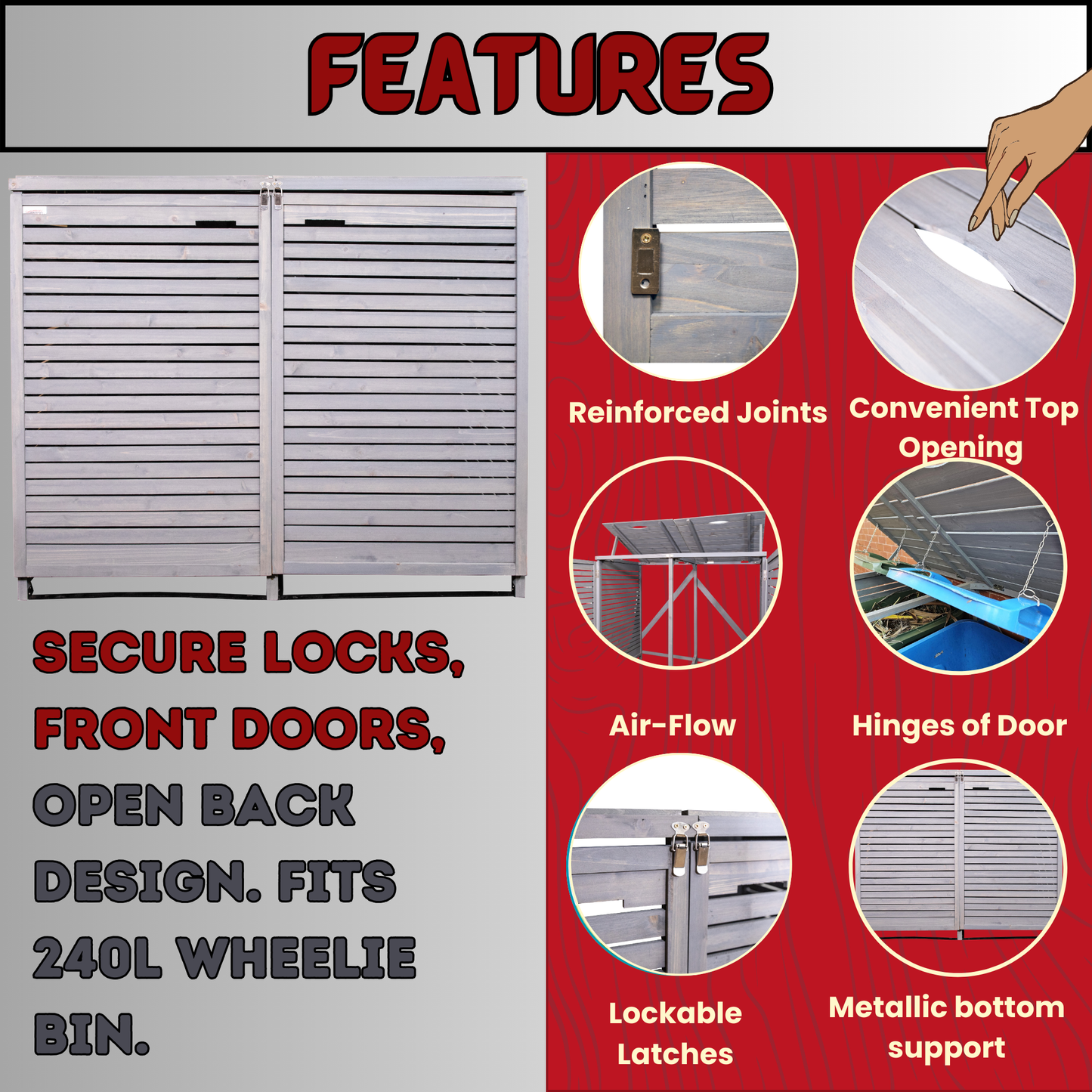 Factory Seconds 1.35m x 1.14m Large Grey Wooden Outdoor Garden Double Wheelie Bin Store Storage for 2 Bins