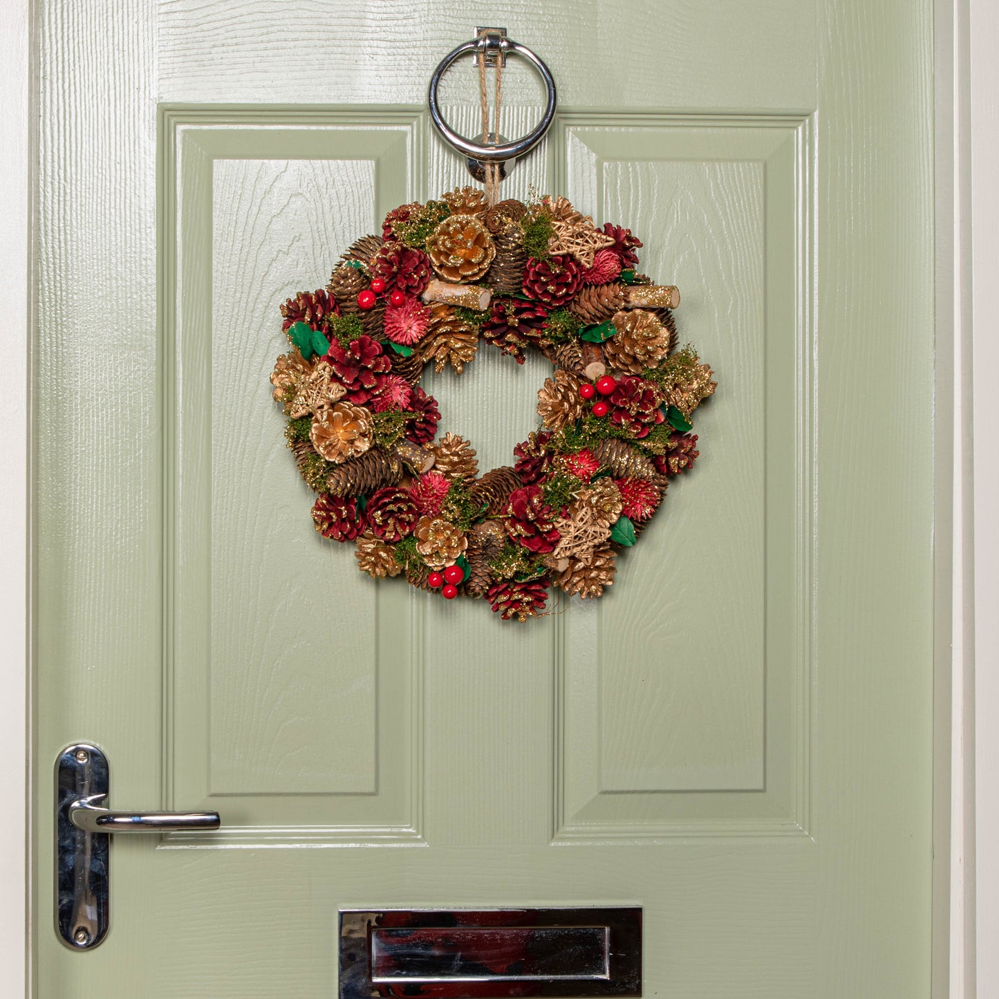 36cm Red Hanging Christmas Wreath with Red Berries and Pinecones