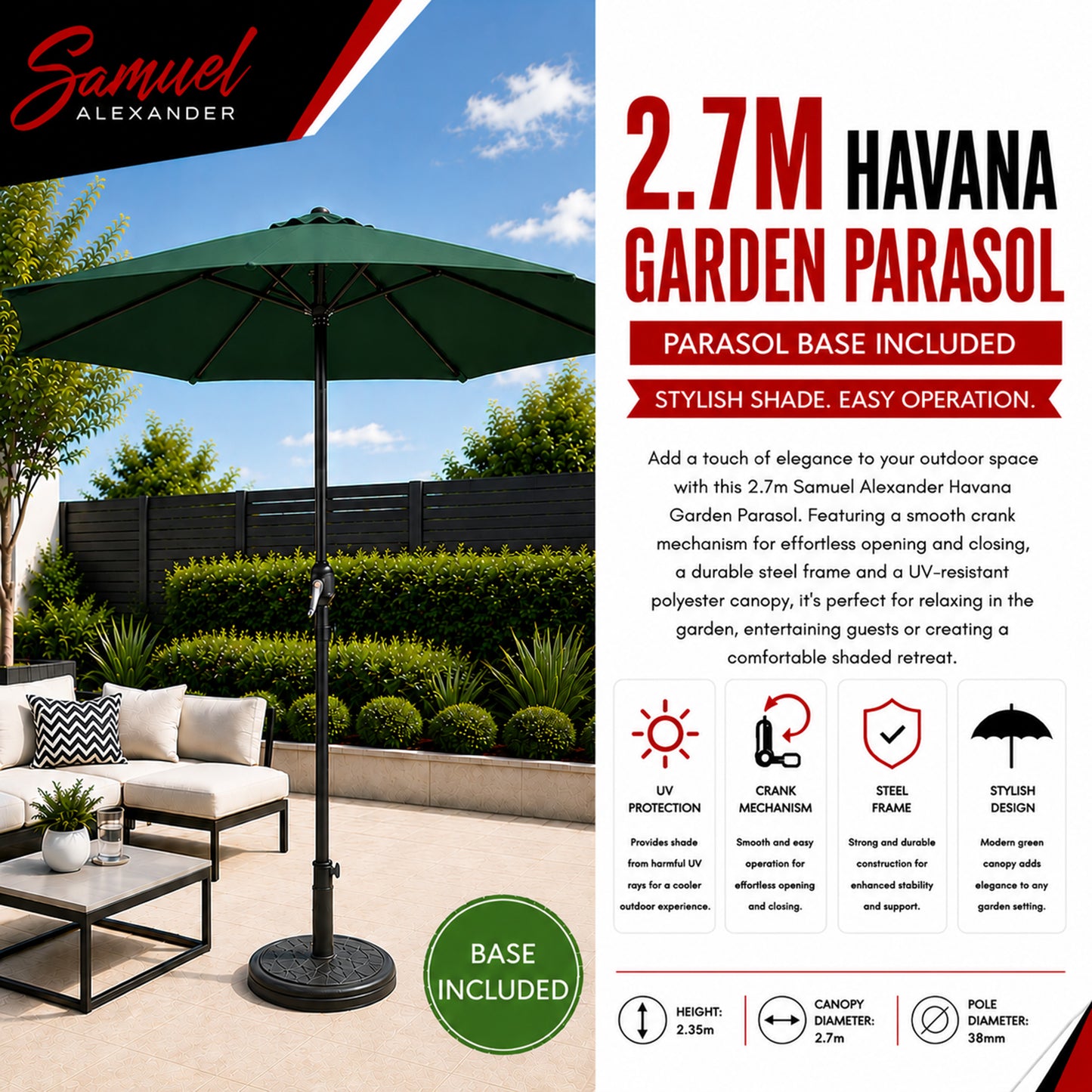 2.7m Havana Garden Patio Parasol with Crank Handle in Green with 9kg Base Included