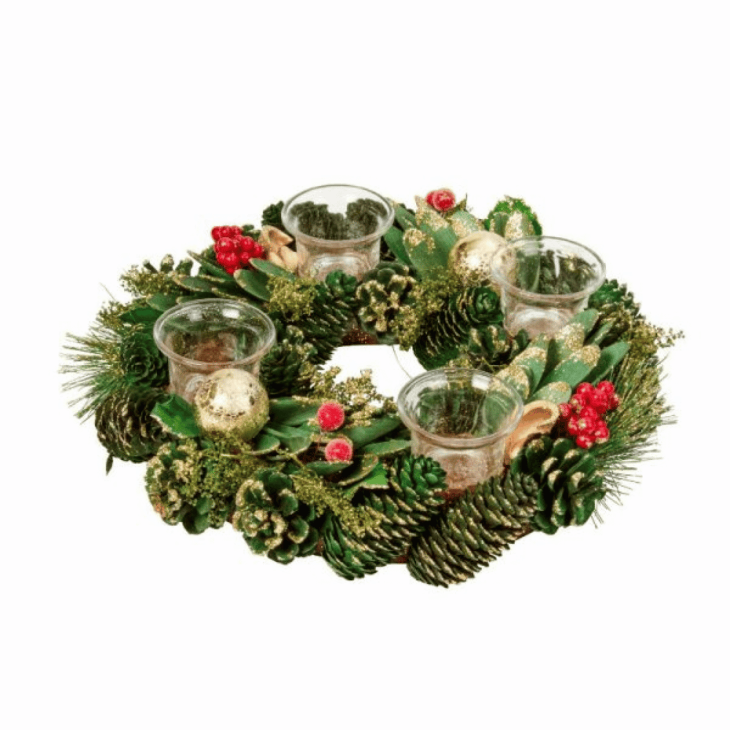 33cm Christmas Bauble Quartet Candle Holder with Pinecones and Red Berries
