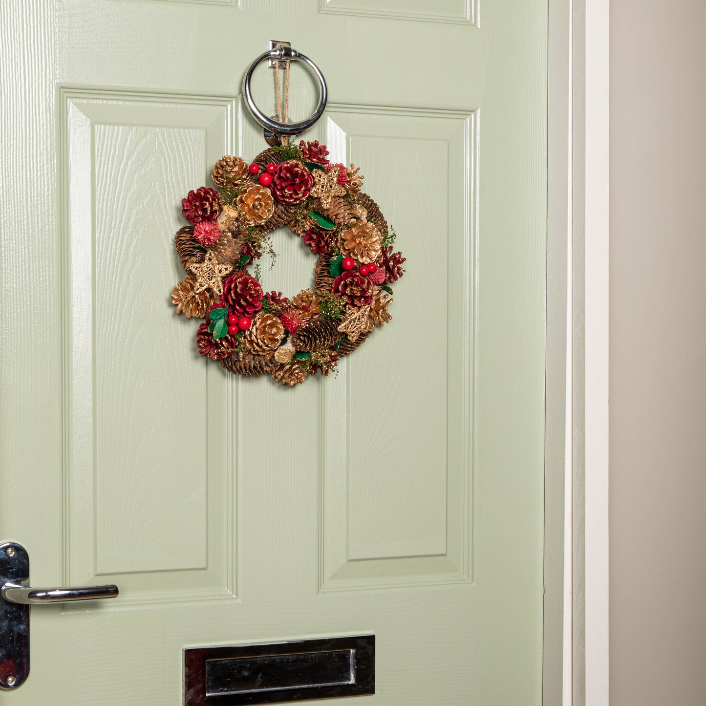 30cm Red Hanging Christmas Wreath with Red Berries and Pinecones