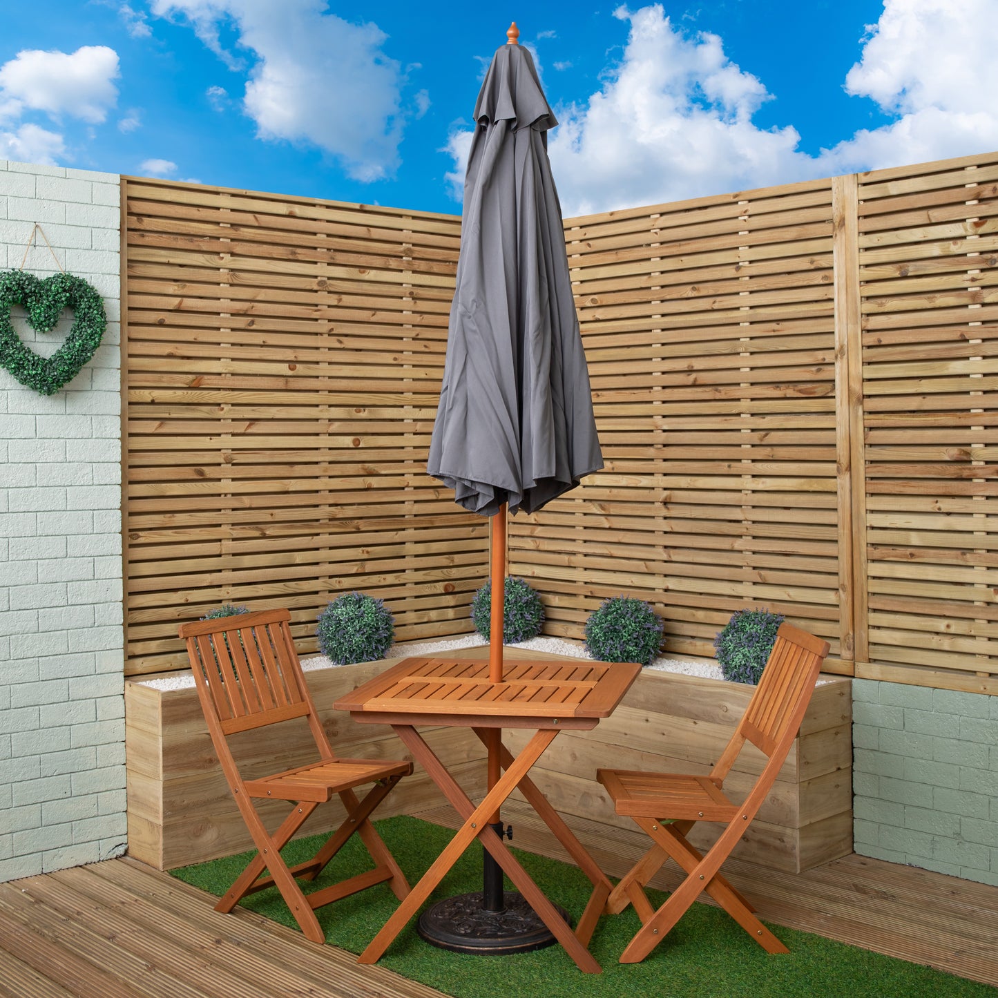 Outdoor 2 Person Folding Wooden Garden Dining Table Chairs Grey Parasol and Base Set