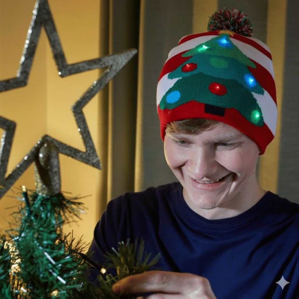 Light up Flashing Party Beanie Festive Hat with Christmas Tree & Multi-Coloured LEDs