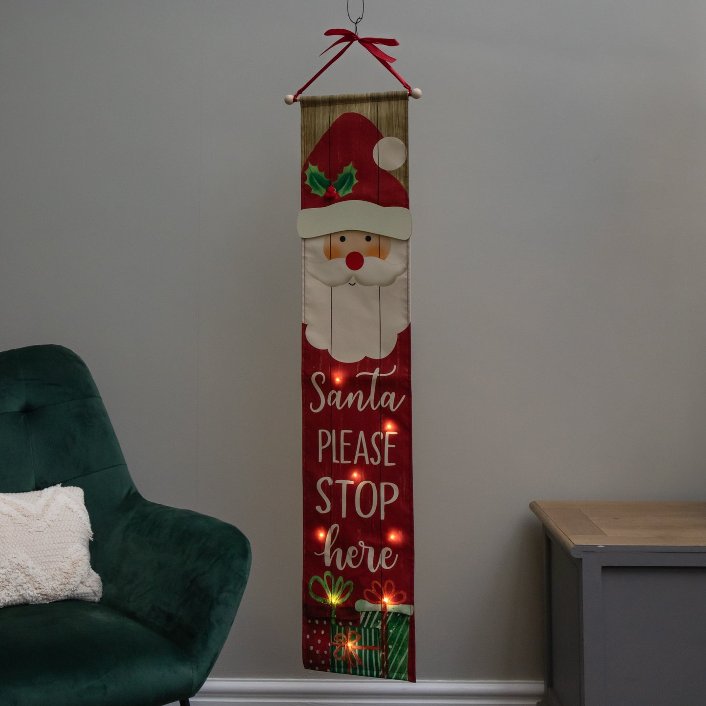 1.2m Battery Operated Light up Hanging Christmas Santa Stop Here Fabric Banner with LEDs