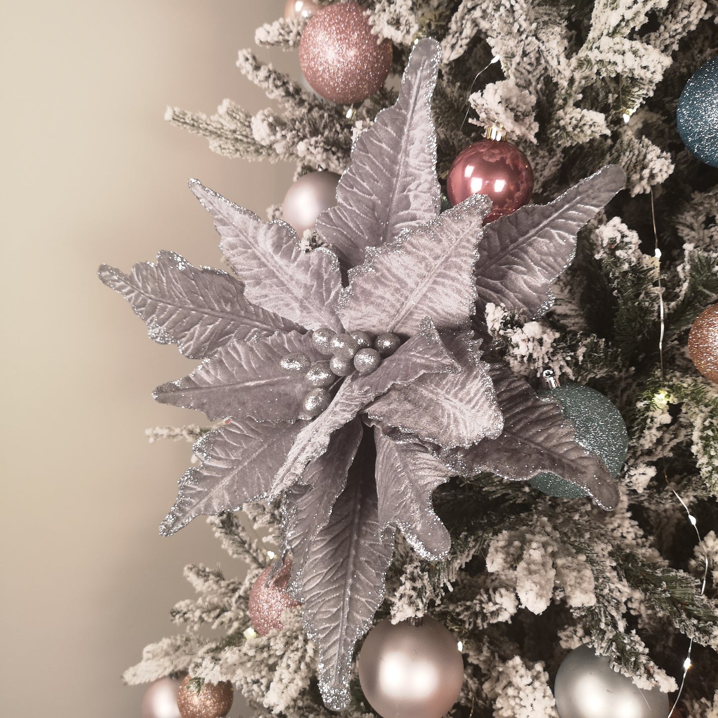 68cm Silver Velvet Poinsettia Stem with 2 Flowers Christmas Decoration