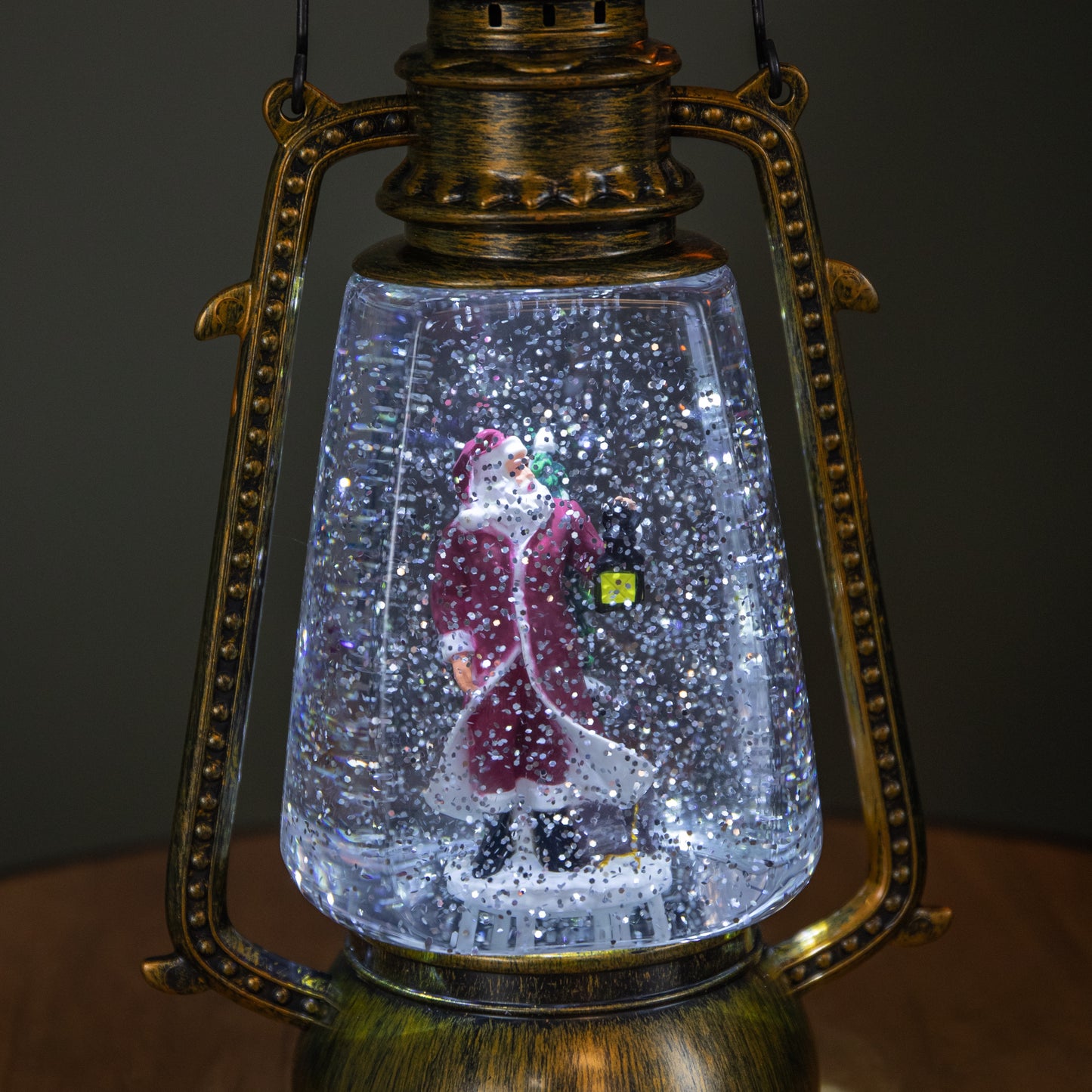 24cm Dual Powered Light up Antique Lantern Christmas Water Spinner with Santa Scene