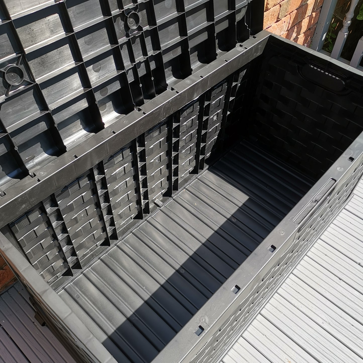 Factory Seconds: 335 Litre Rattan Style Garden Cushion Storage Box with Sit on Lid – Black