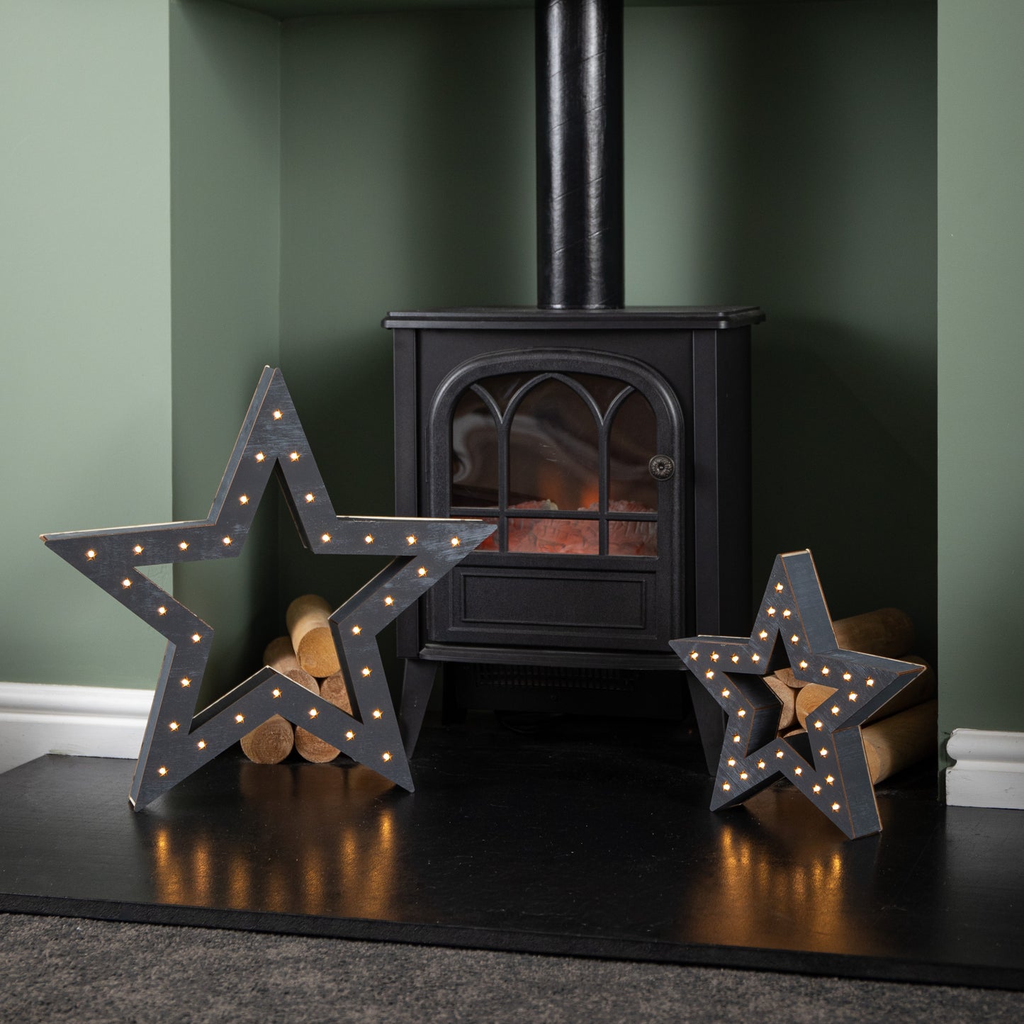 Set of 2 Battery Operated Light up Wooden Christmas Stars with 60 Warm White LEDs