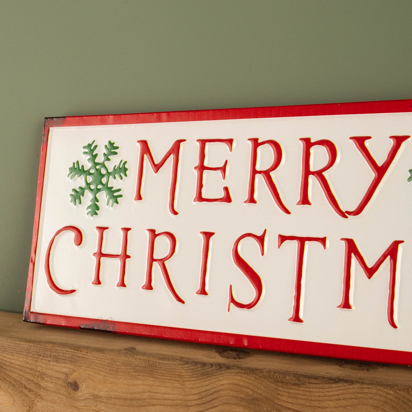 57cm Metal Merry Christmas Hanging Sign in Red & White with Green Snowflakes