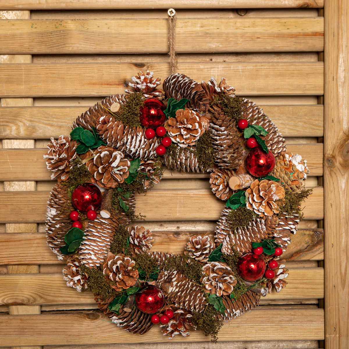 36cm Hanging Christmas YuleFest Wreath with Red Baubles & Snow Tipped Pine Cones